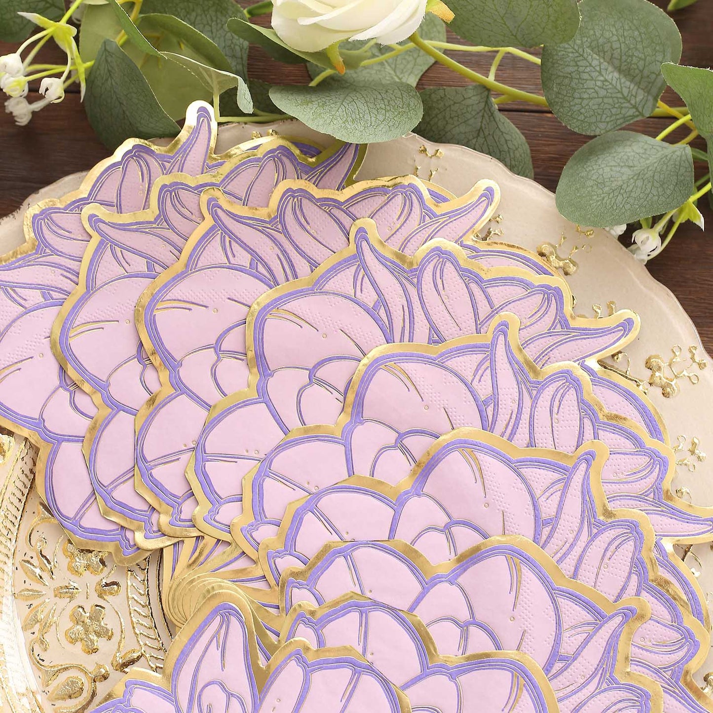 20 Pack Purple Peony Flower Shaped Paper Cocktail Napkins with Gold Edges, Disposable Party Beverage Napkins