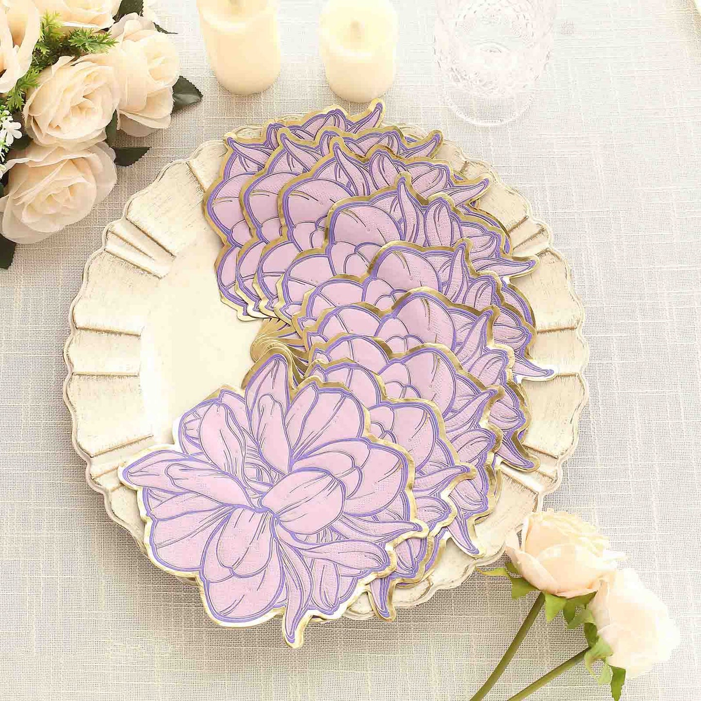 20 Pack Purple Peony Flower Shaped Paper Cocktail Napkins with Gold Edges, Disposable Party Beverage Napkins