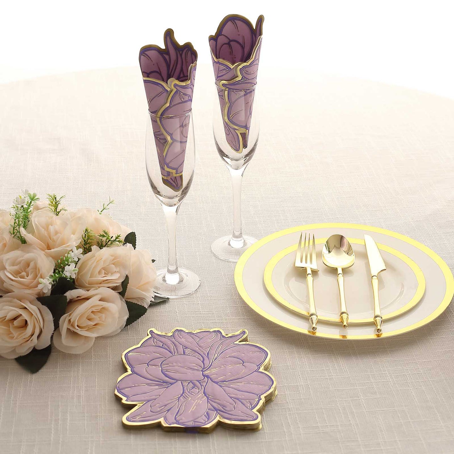 20 Pack Purple Peony Flower Shaped Paper Cocktail Napkins with Gold Edges, Disposable Party Beverage Napkins