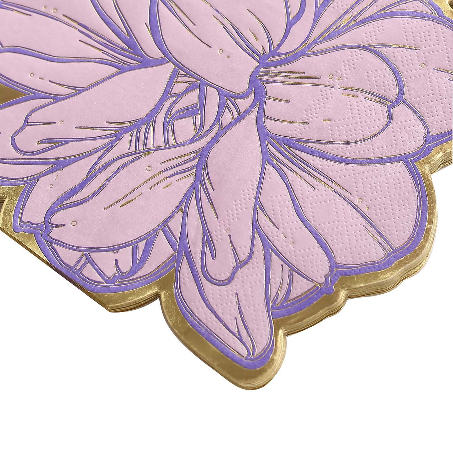 20 Pack Purple Peony Flower Shaped Paper Cocktail Napkins with Gold Edges, Disposable Party Beverage Napkins