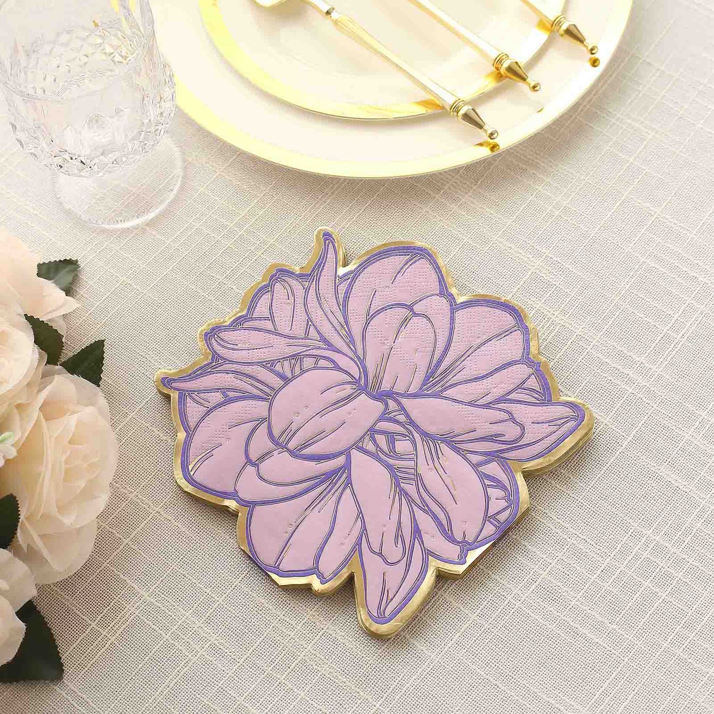 20 Pack Purple Peony Flower Shaped Paper Cocktail Napkins with Gold Edges, Disposable Party Beverage Napkins
