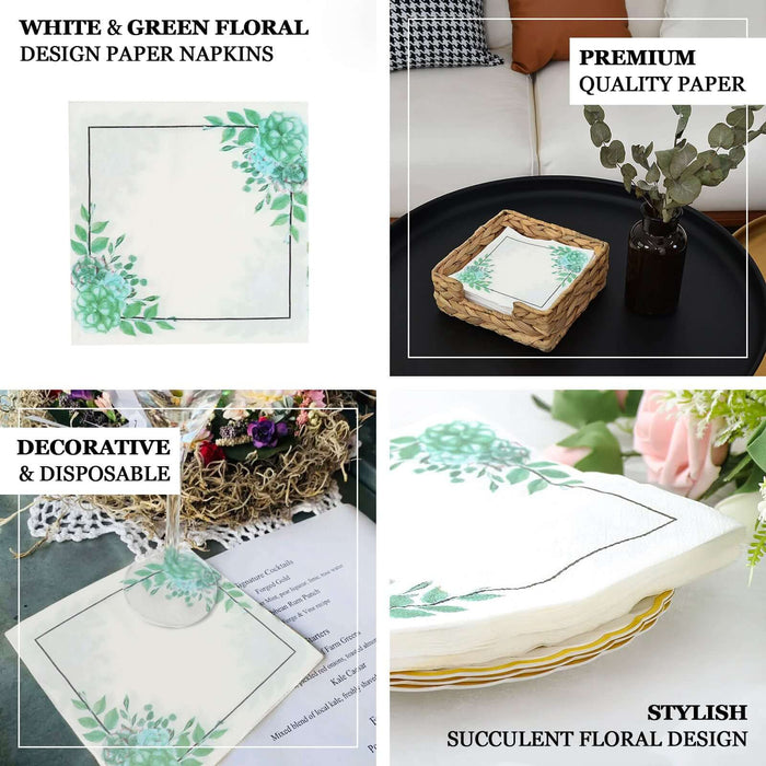 20 Pack | White And Green Floral Design Dinner Paper Napkins, 2 Ply Beverage Napkins, Disposable Party Supplies - 13"x13"