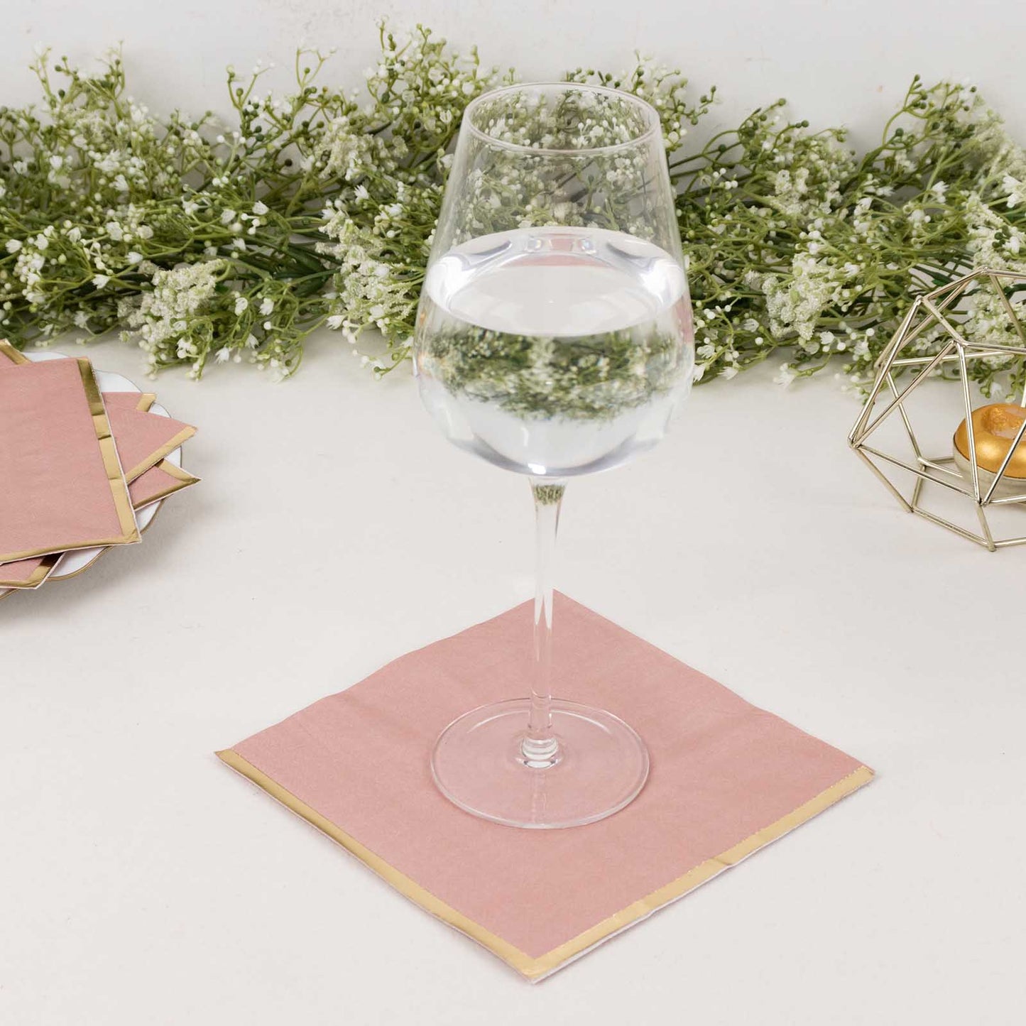 50 Pack Dusty Rose Soft 2 Ply Disposable Cocktail Napkins with Gold Foil Edge, Paper Beverage Napkins - 6.5"x6.5"