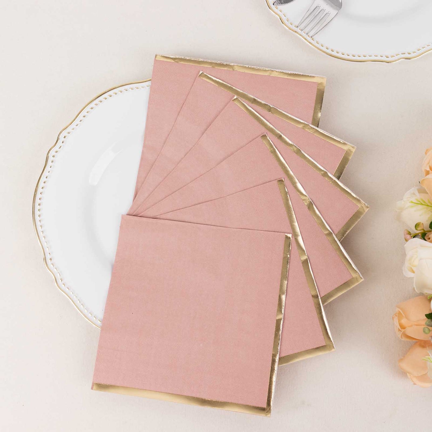 50 Pack Dusty Rose Soft 2 Ply Disposable Cocktail Napkins with Gold Foil Edge, Paper Beverage Napkins - 6.5"x6.5"