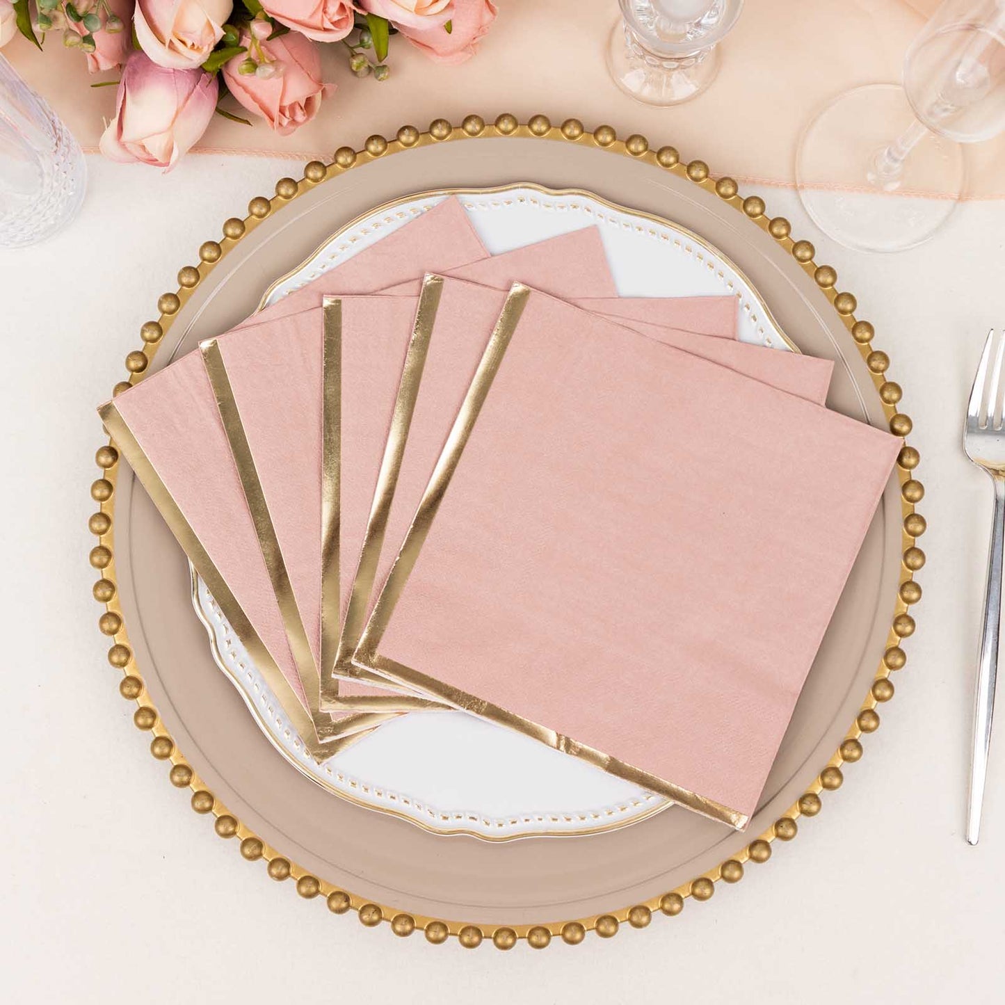 50 Pack Dusty Rose Soft 2 Ply Disposable Cocktail Napkins with Gold Foil Edge, Paper Beverage Napkins - 6.5"x6.5"