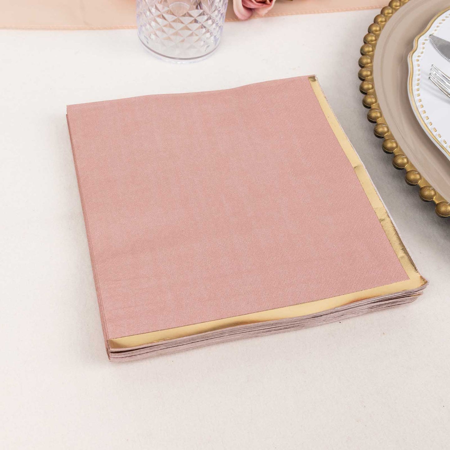 50 Pack Dusty Rose Soft 2 Ply Disposable Cocktail Napkins with Gold Foil Edge, Paper Beverage Napkins - 6.5"x6.5"