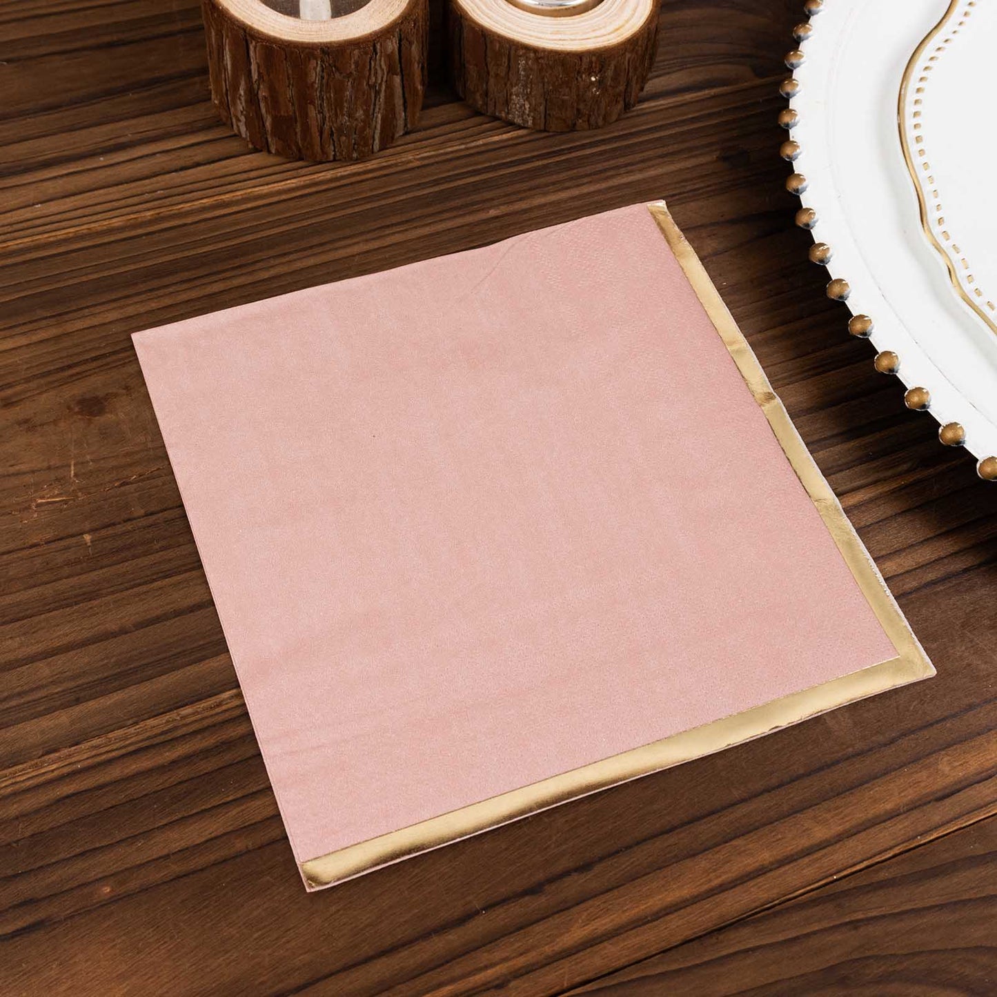 50 Pack Dusty Rose Soft 2 Ply Disposable Cocktail Napkins with Gold Foil Edge, Paper Beverage Napkins - 6.5"x6.5"