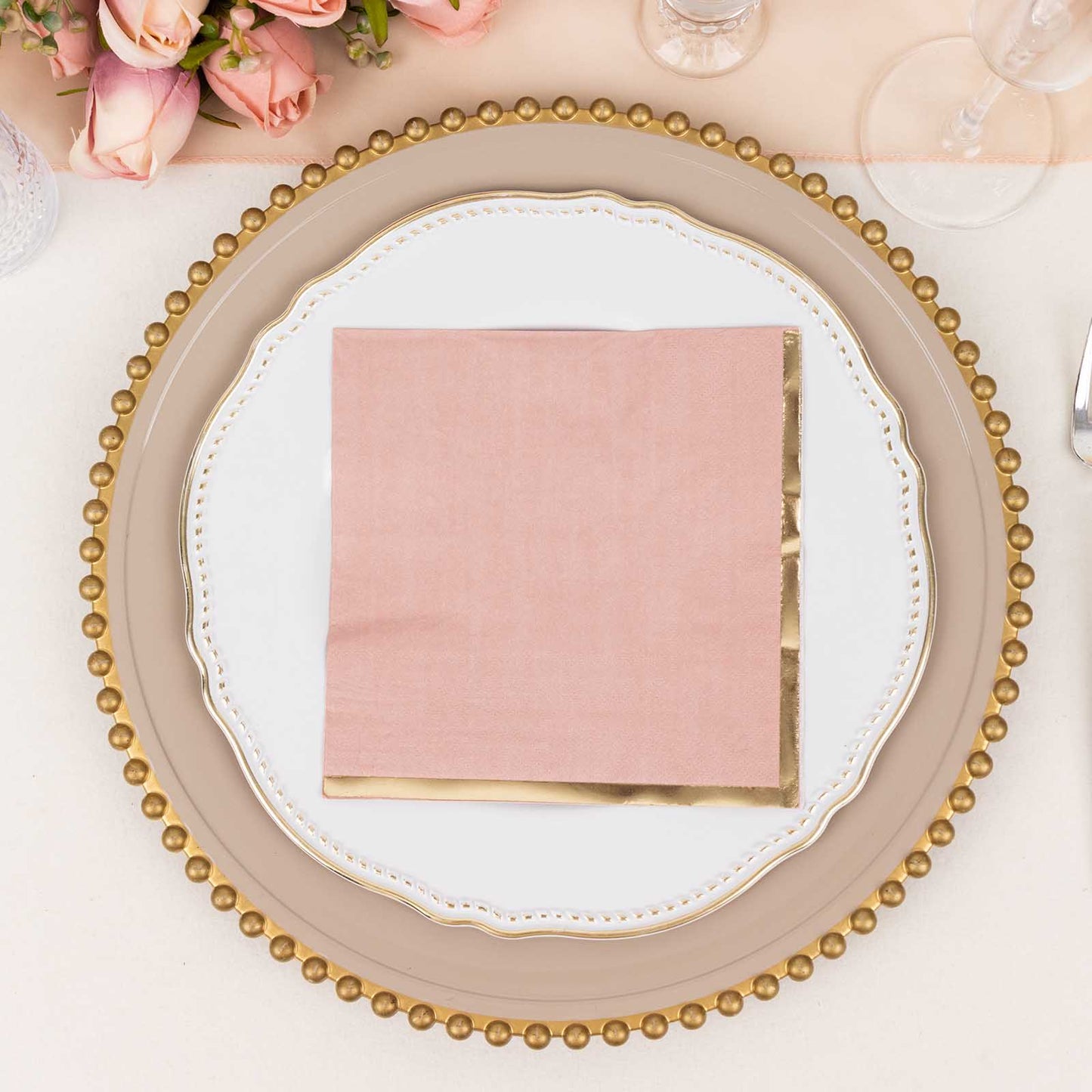 50 Pack Dusty Rose Soft 2 Ply Disposable Cocktail Napkins with Gold Foil Edge, Paper Beverage Napkins - 6.5"x6.5"