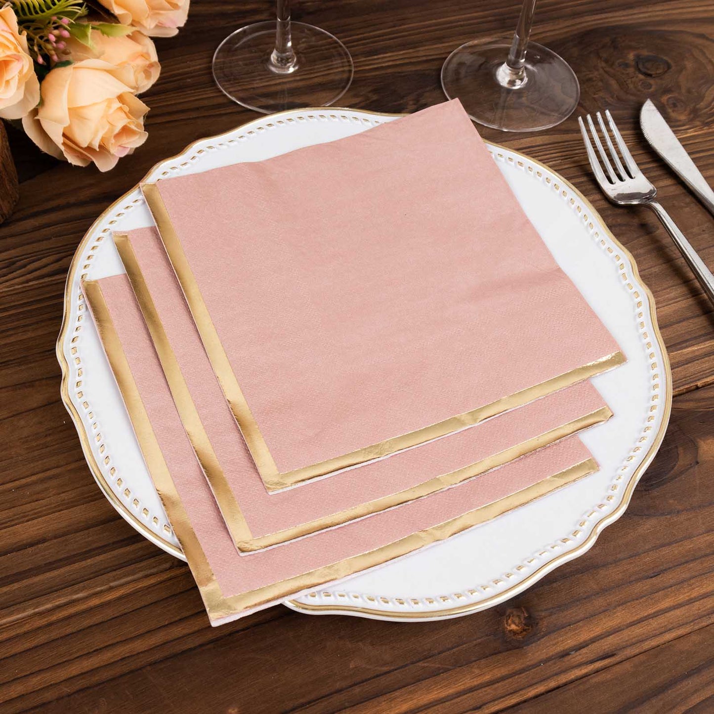 50 Pack Dusty Rose Soft 2 Ply Disposable Cocktail Napkins with Gold Foil Edge, Paper Beverage Napkins - 6.5"x6.5"