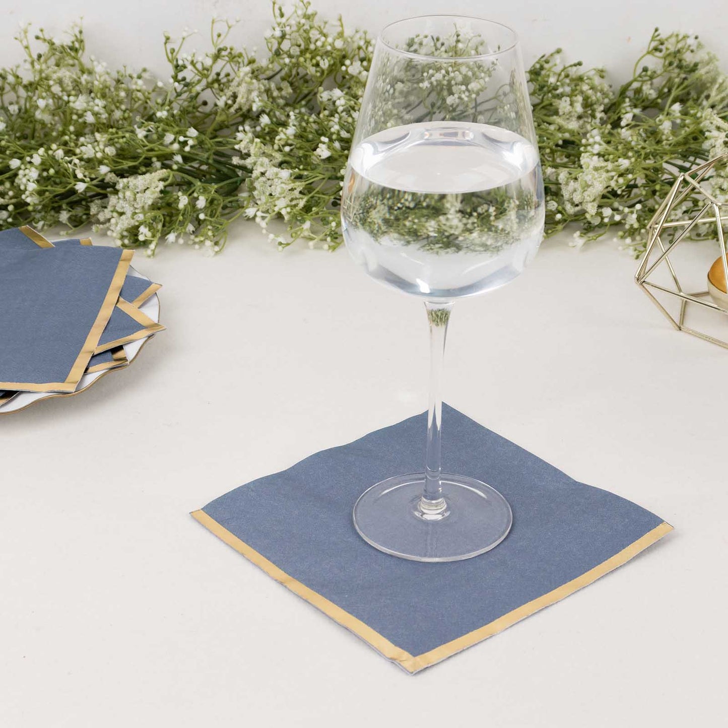 50 Pack Dusty Blue Soft 2 Ply Disposable Cocktail Napkins with Gold Foil Edge, Paper Beverage Napkins - 6.5"x6.5"