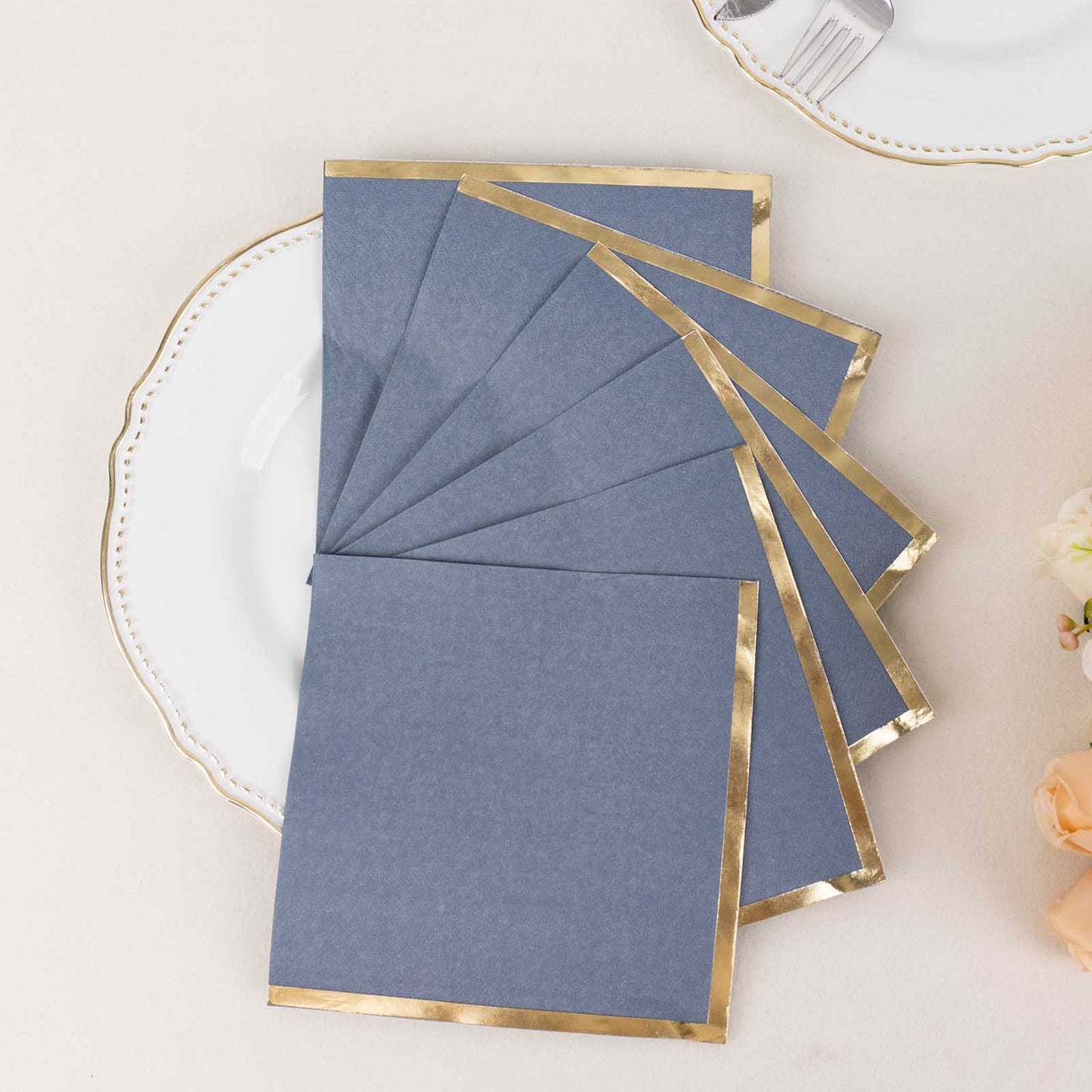 50 Pack Dusty Blue Soft 2 Ply Disposable Cocktail Napkins with Gold Foil Edge, Paper Beverage Napkins - 6.5"x6.5"