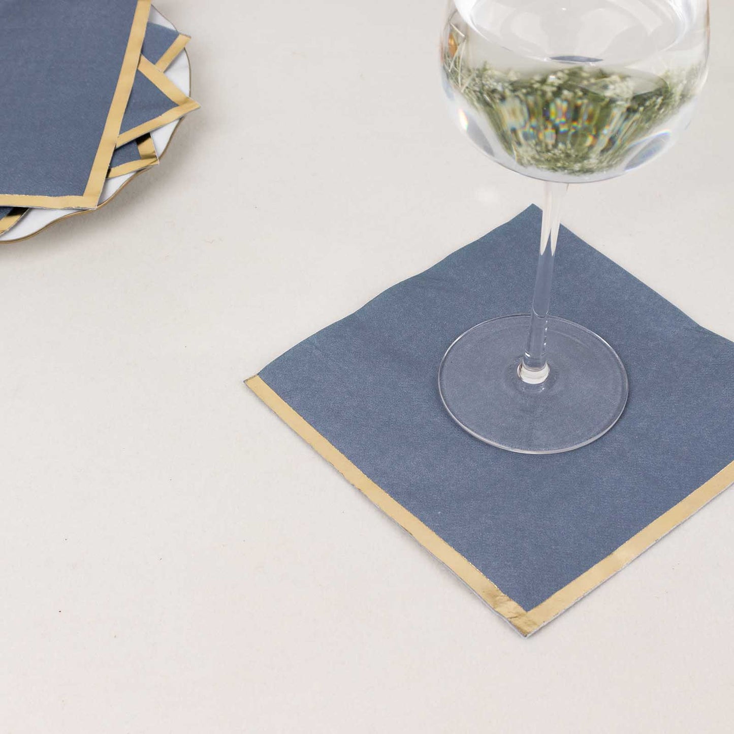 50 Pack Dusty Blue Soft 2 Ply Disposable Cocktail Napkins with Gold Foil Edge, Paper Beverage Napkins - 6.5"x6.5"