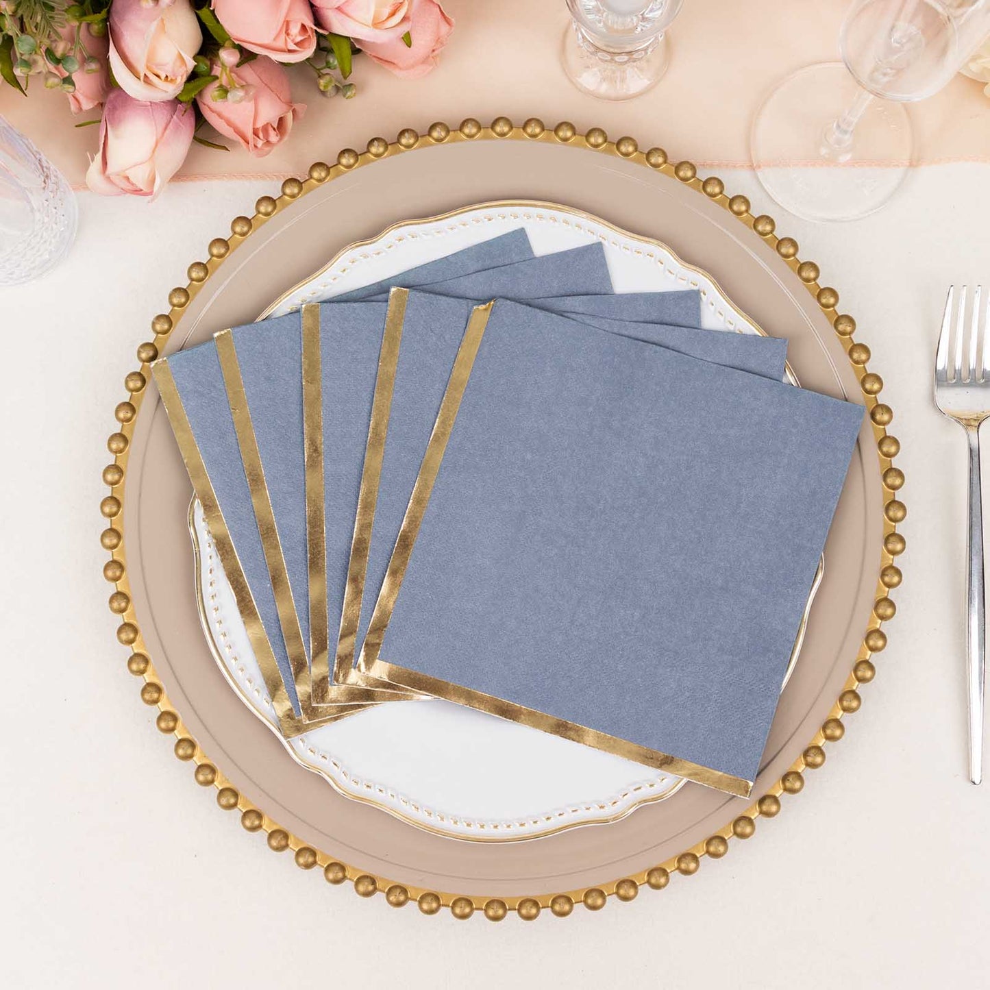 50 Pack Dusty Blue Soft 2 Ply Disposable Cocktail Napkins with Gold Foil Edge, Paper Beverage Napkins - 6.5"x6.5"