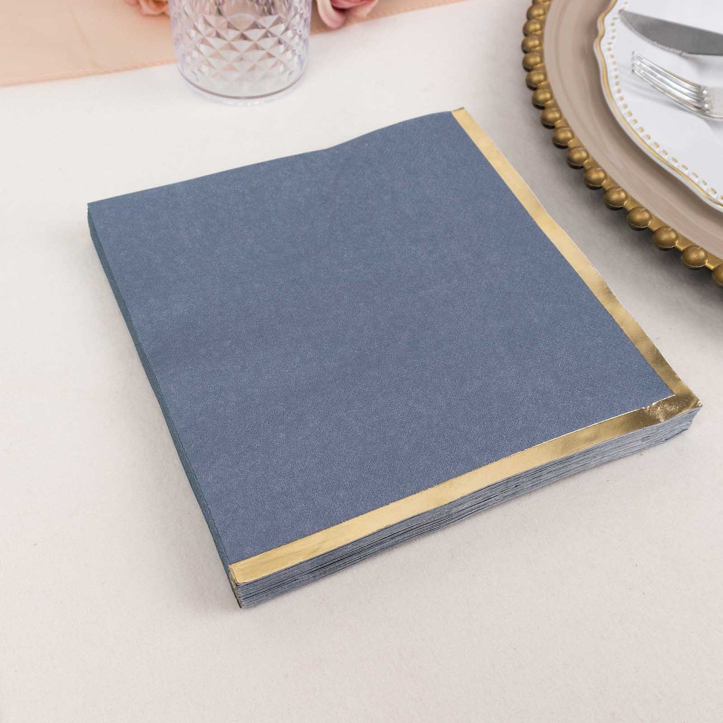 50 Pack Dusty Blue Soft 2 Ply Disposable Cocktail Napkins with Gold Foil Edge, Paper Beverage Napkins - 6.5"x6.5"