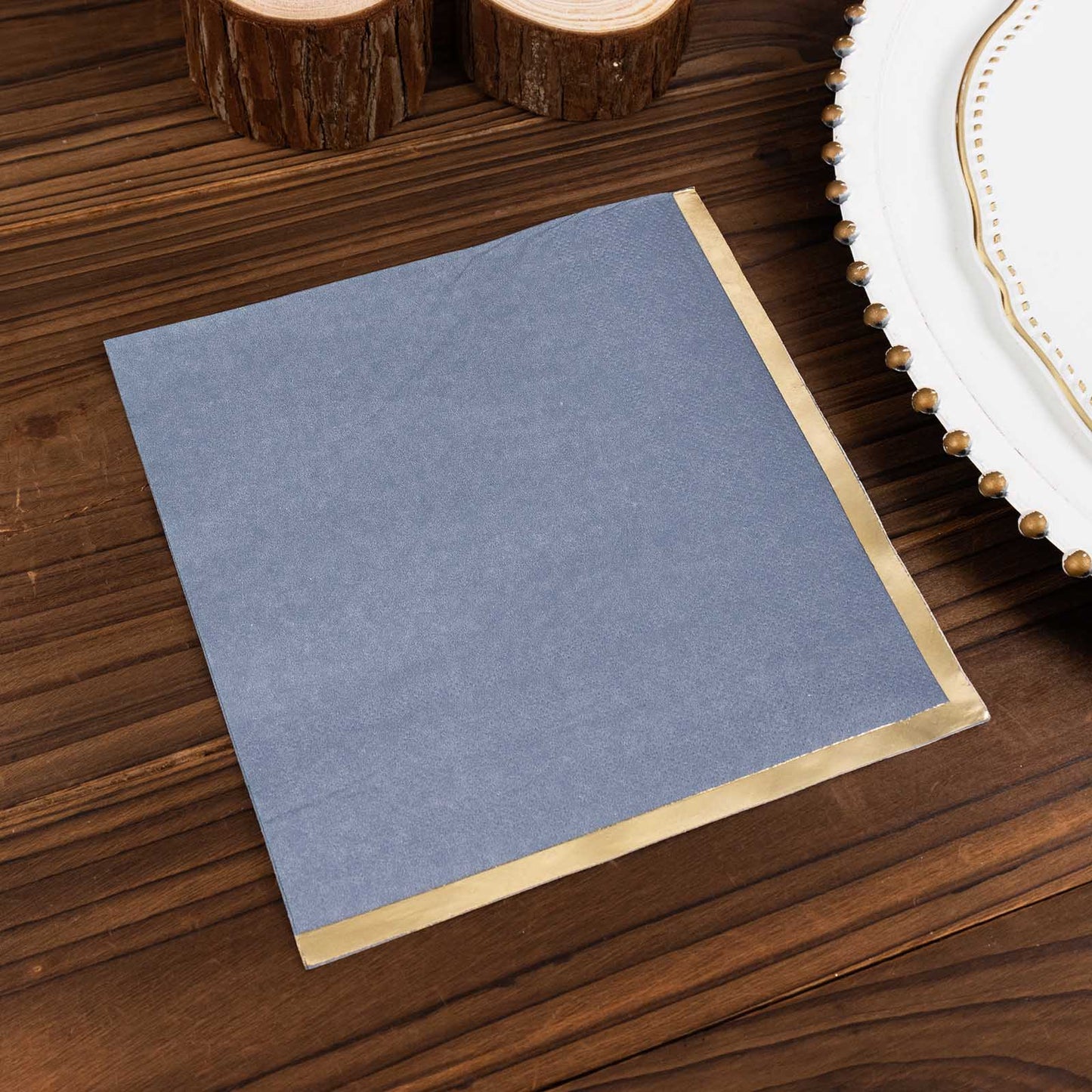 50 Pack Dusty Blue Soft 2 Ply Disposable Cocktail Napkins with Gold Foil Edge, Paper Beverage Napkins - 6.5"x6.5"