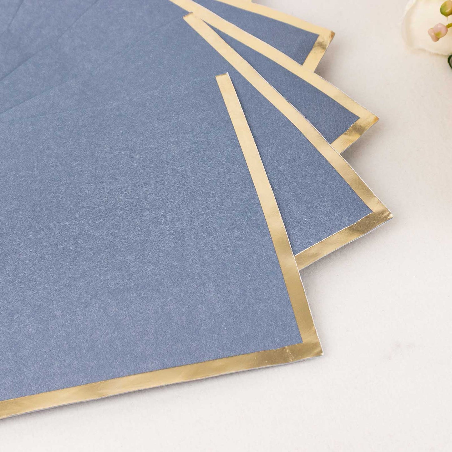 50 Pack Dusty Blue Soft 2 Ply Disposable Cocktail Napkins with Gold Foil Edge, Paper Beverage Napkins - 6.5"x6.5"