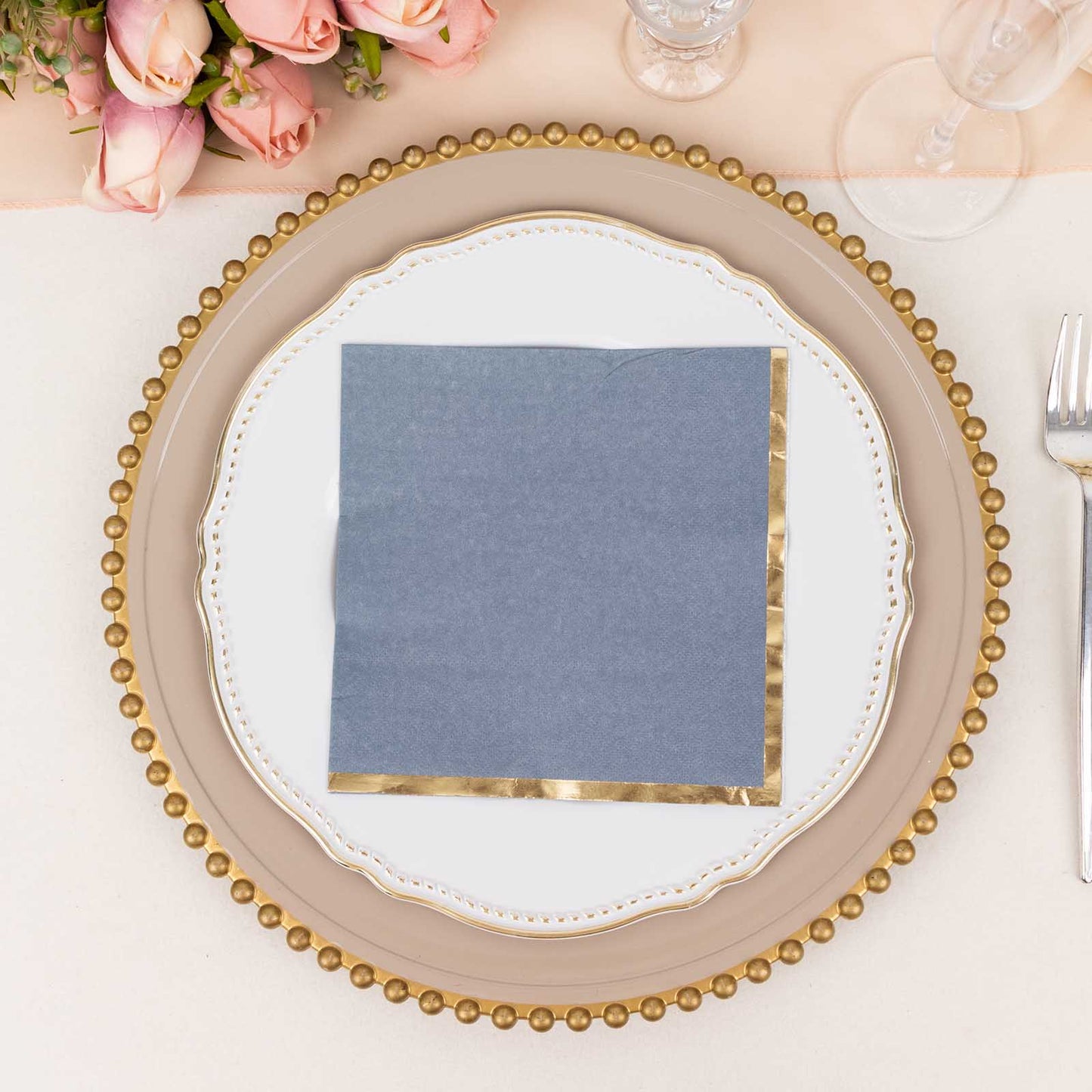 50 Pack Dusty Blue Soft 2 Ply Disposable Cocktail Napkins with Gold Foil Edge, Paper Beverage Napkins - 6.5"x6.5"