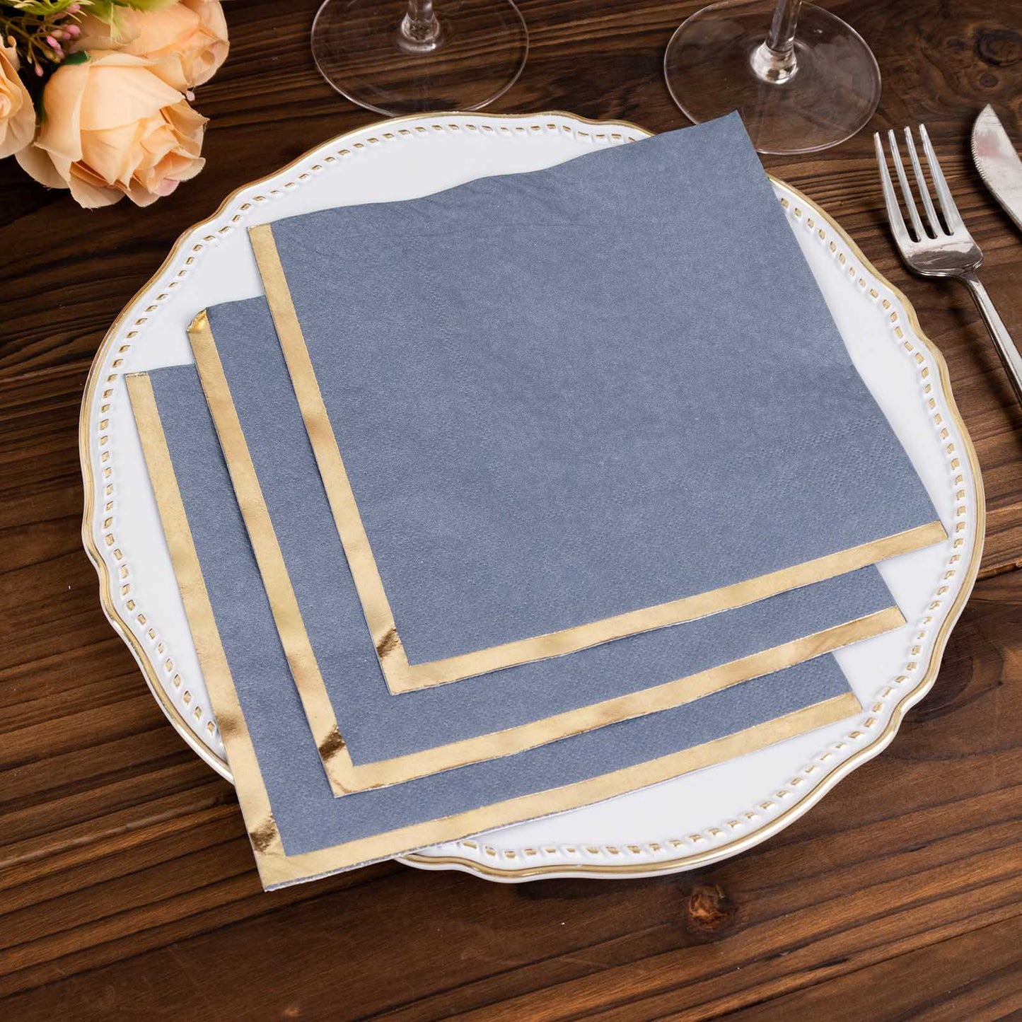 50 Pack Dusty Blue Soft 2 Ply Disposable Cocktail Napkins with Gold Foil Edge, Paper Beverage Napkins - 6.5"x6.5"