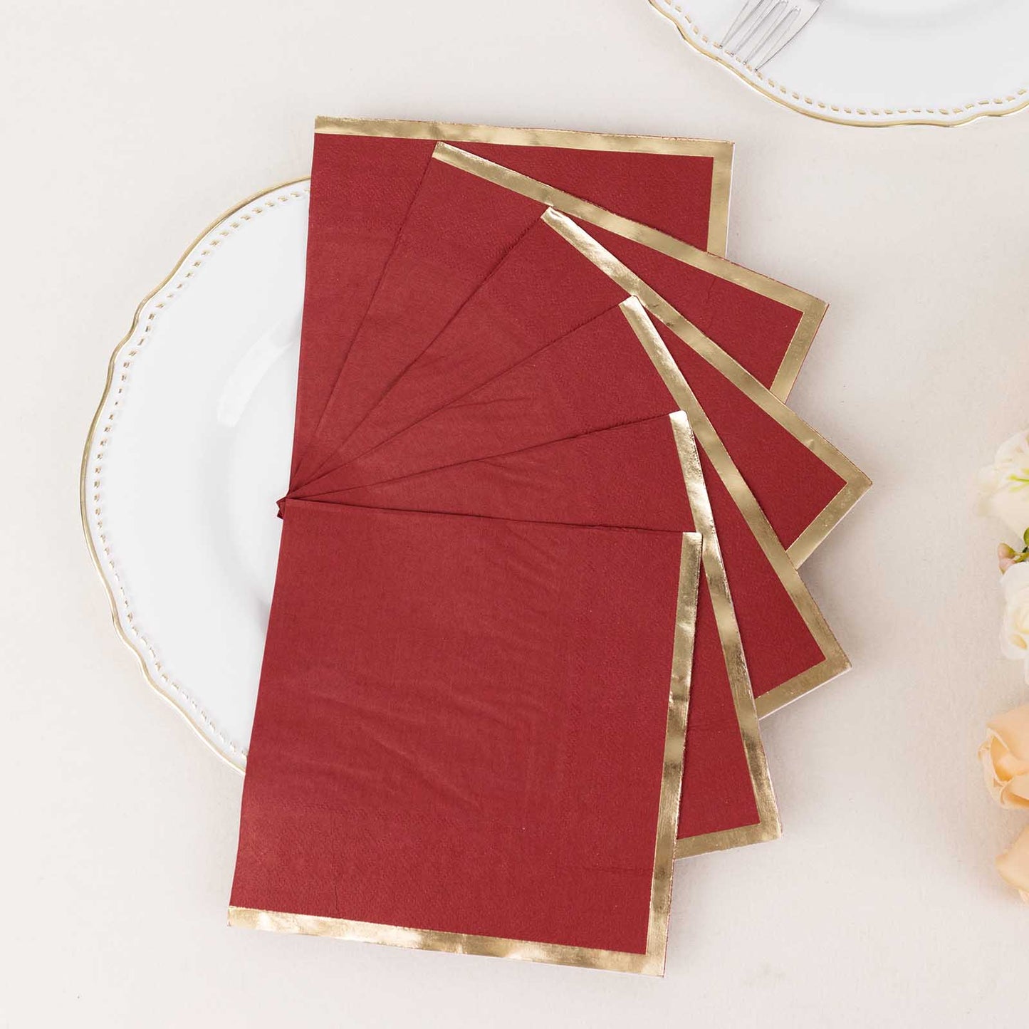 50 Pack Burgundy Soft 2 Ply Disposable Cocktail Napkins with Gold Foil Edge, Paper Beverage Napkins - 6.5"x6.5"