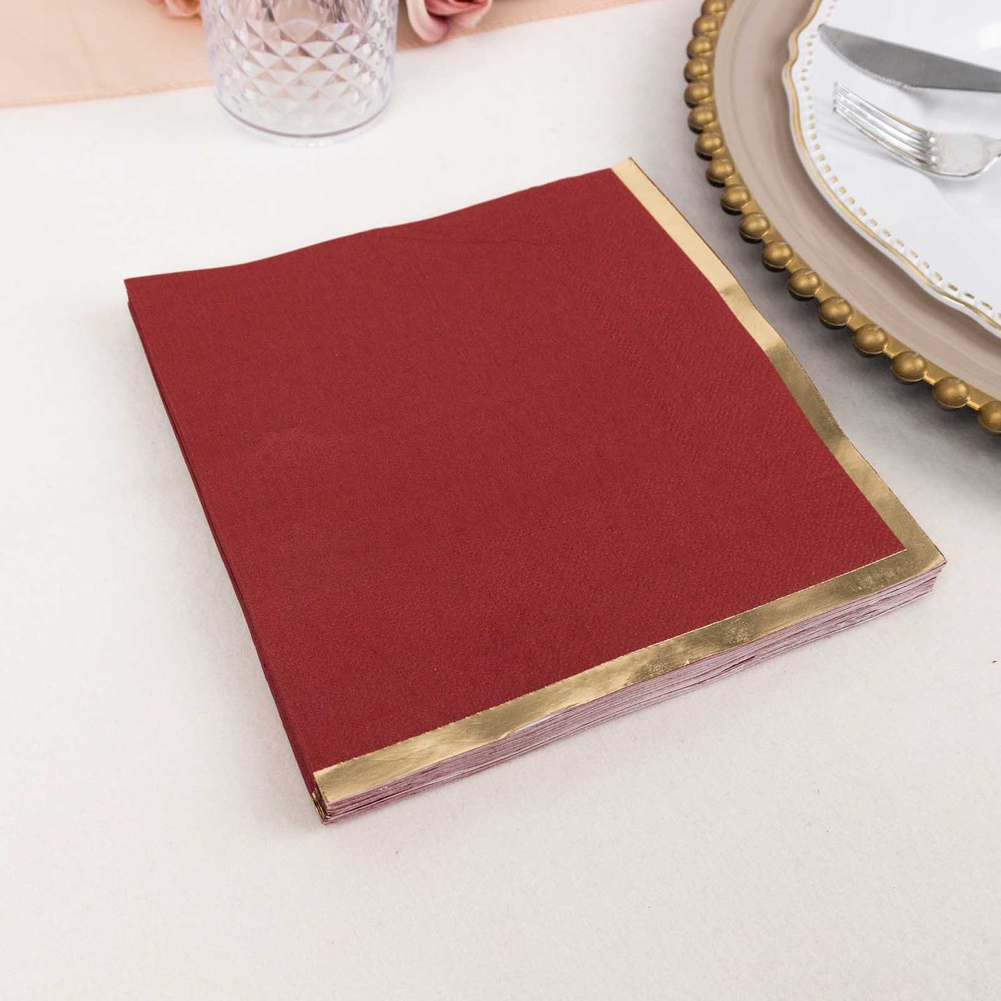 50 Pack Burgundy Soft 2 Ply Disposable Cocktail Napkins with Gold Foil Edge, Paper Beverage Napkins - 6.5"x6.5"