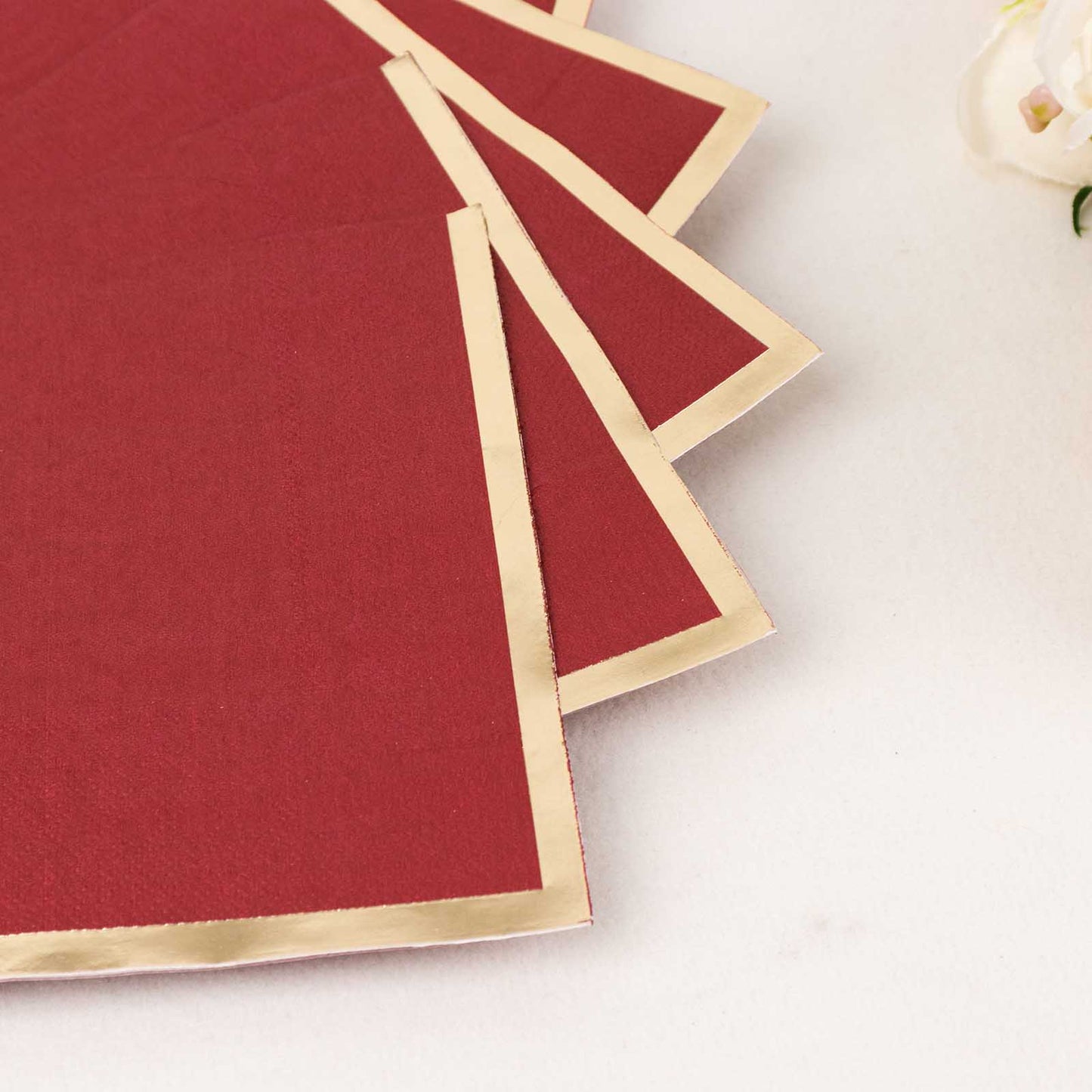50 Pack Burgundy Soft 2 Ply Disposable Cocktail Napkins with Gold Foil Edge, Paper Beverage Napkins - 6.5"x6.5"