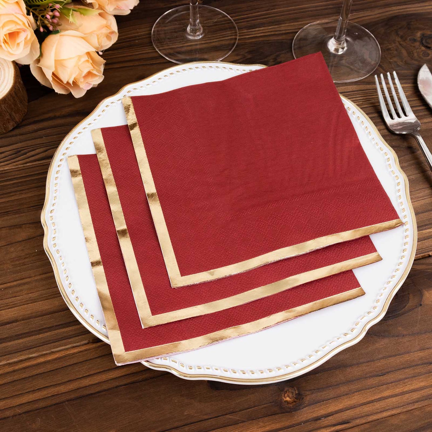 50 Pack Burgundy Soft 2 Ply Disposable Cocktail Napkins with Gold Foil Edge, Paper Beverage Napkins - 6.5"x6.5"