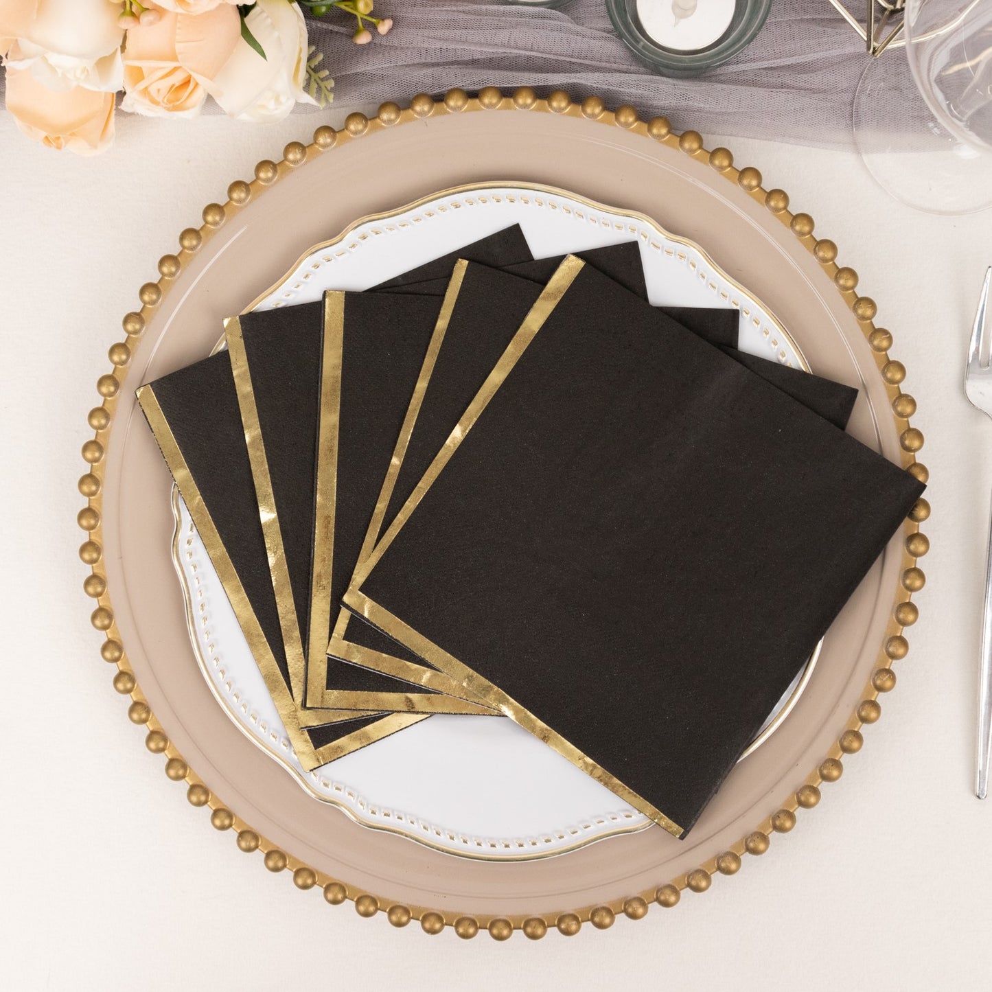 50 Pack Black Soft 2 Ply Disposable Cocktail Napkins with Gold Foil Edge, Paper Beverage Napkins - 6.5"x6.5"