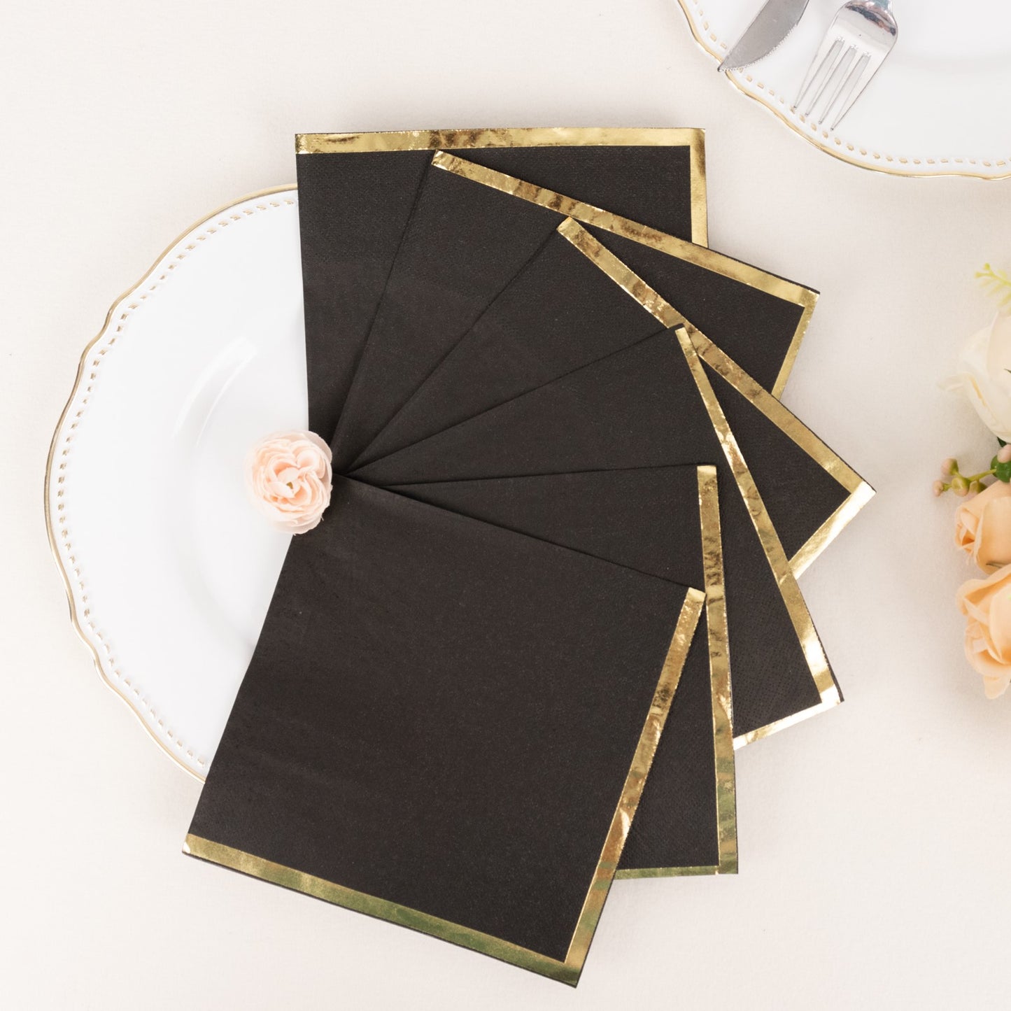 50 Pack Black Soft 2 Ply Disposable Cocktail Napkins with Gold Foil Edge, Paper Beverage Napkins - 6.5"x6.5"