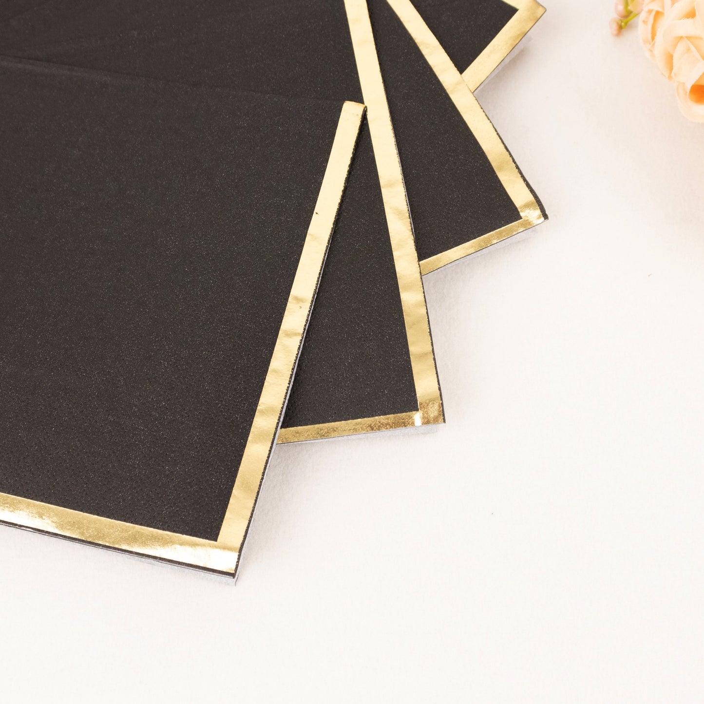 50 Pack Black Soft 2 Ply Disposable Cocktail Napkins with Gold Foil Edge, Paper Beverage Napkins - 6.5"x6.5"