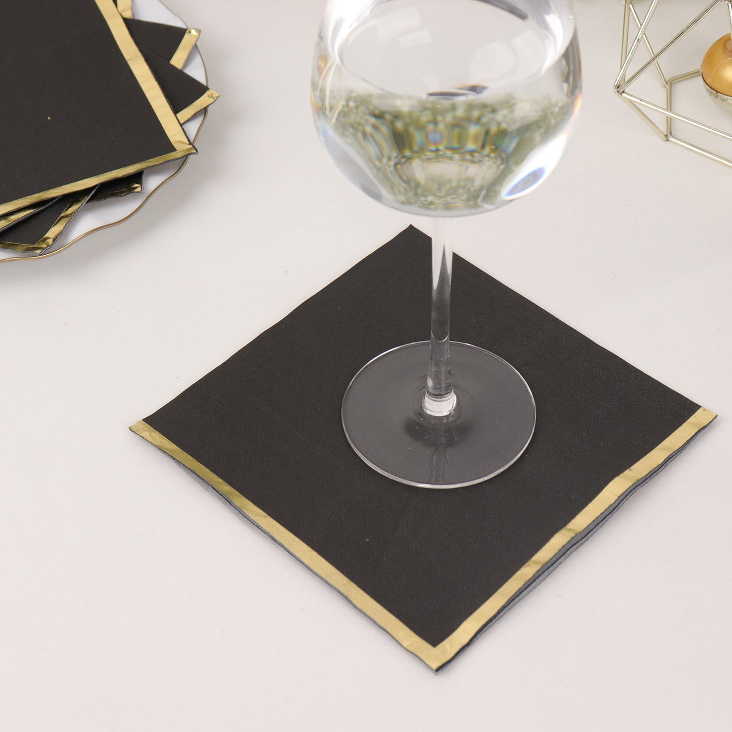 50 Pack Black Soft 2 Ply Disposable Cocktail Napkins with Gold Foil Edge, Paper Beverage Napkins - 6.5"x6.5"