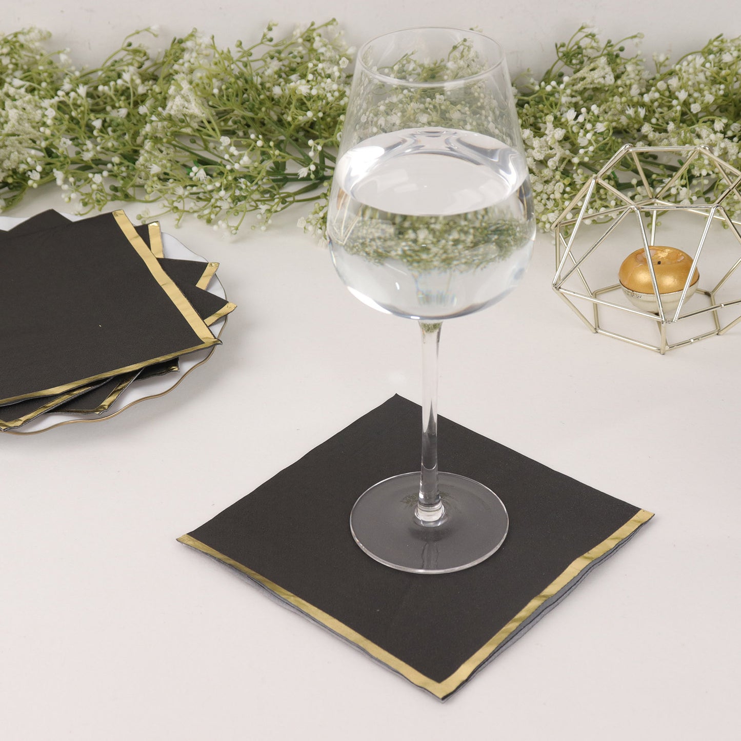 50 Pack Black Soft 2 Ply Disposable Cocktail Napkins with Gold Foil Edge, Paper Beverage Napkins - 6.5"x6.5"