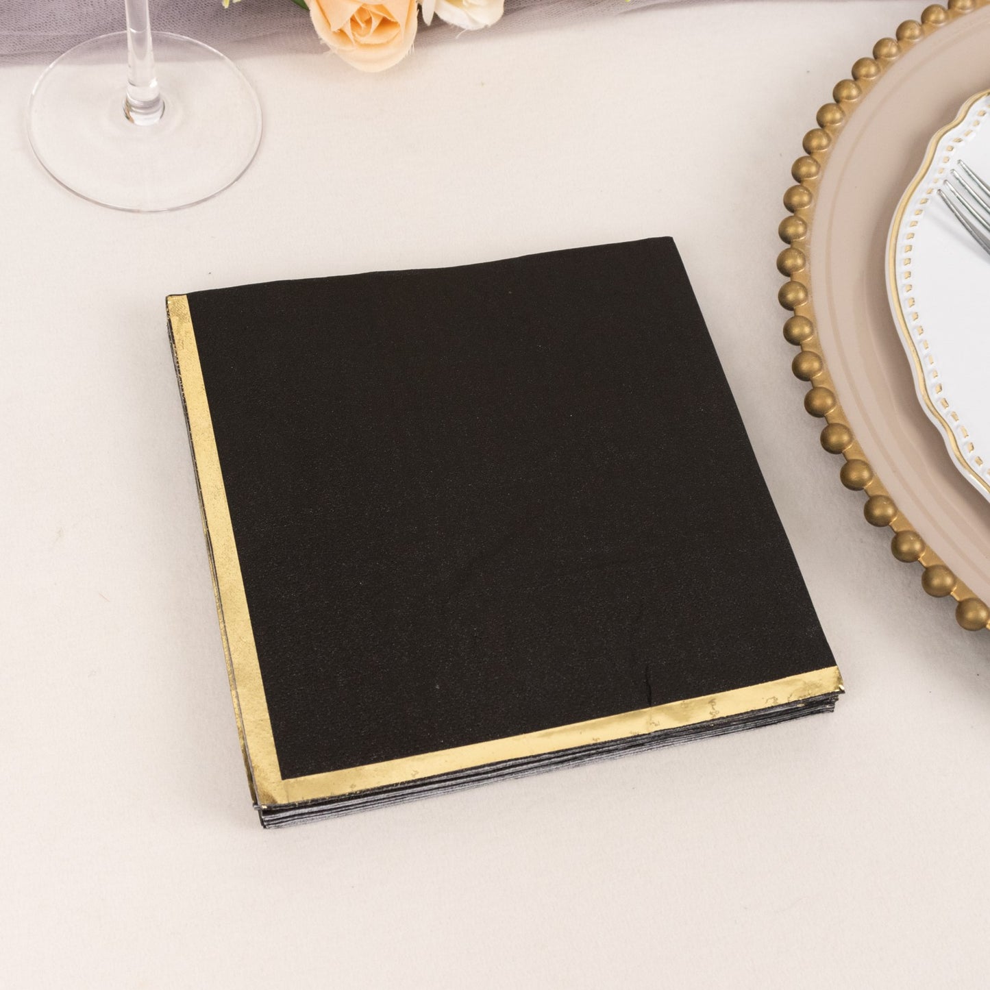 50 Pack Black Soft 2 Ply Disposable Cocktail Napkins with Gold Foil Edge, Paper Beverage Napkins - 6.5"x6.5"