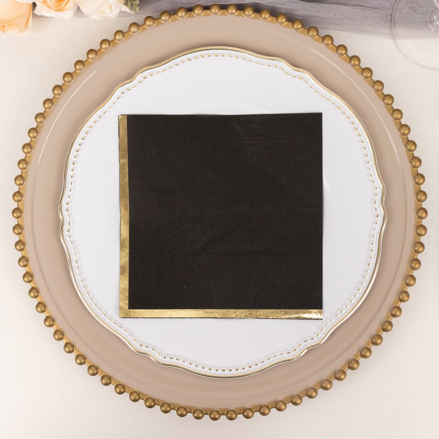 50 Pack Black Soft 2 Ply Disposable Cocktail Napkins with Gold Foil Edge, Paper Beverage Napkins - 6.5"x6.5"