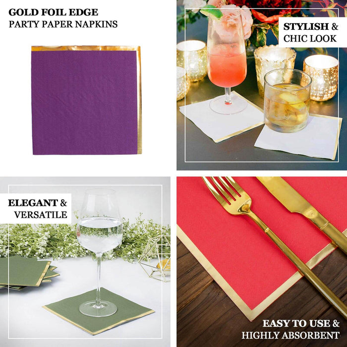 50 Pack Olive Green Soft 2 Ply Disposable Cocktail Napkins with Gold Foil Edge, Paper Beverage Napkins - 6.5"x6.5"