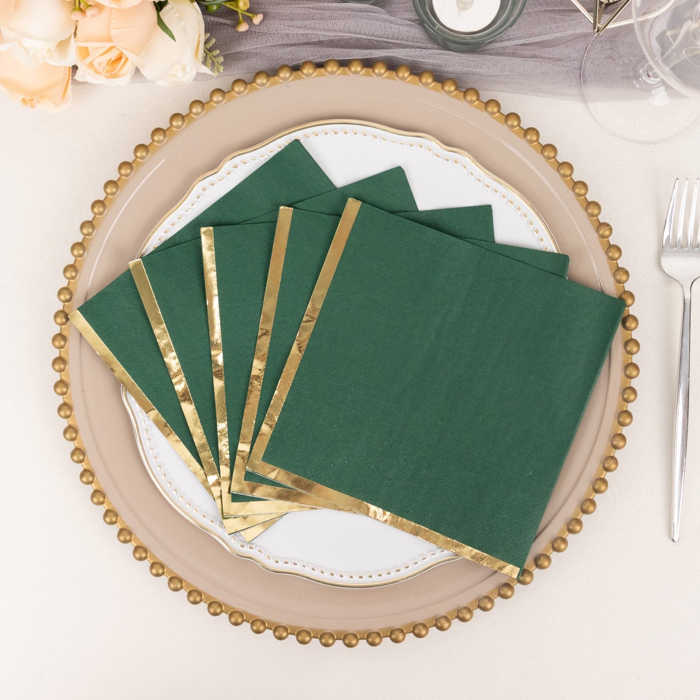 50 Pack Hunter Emerald Green Soft 2 Ply Disposable Cocktail Napkins with Gold Foil Edge, Paper Beverage Napkins - 6.5"x6.5"