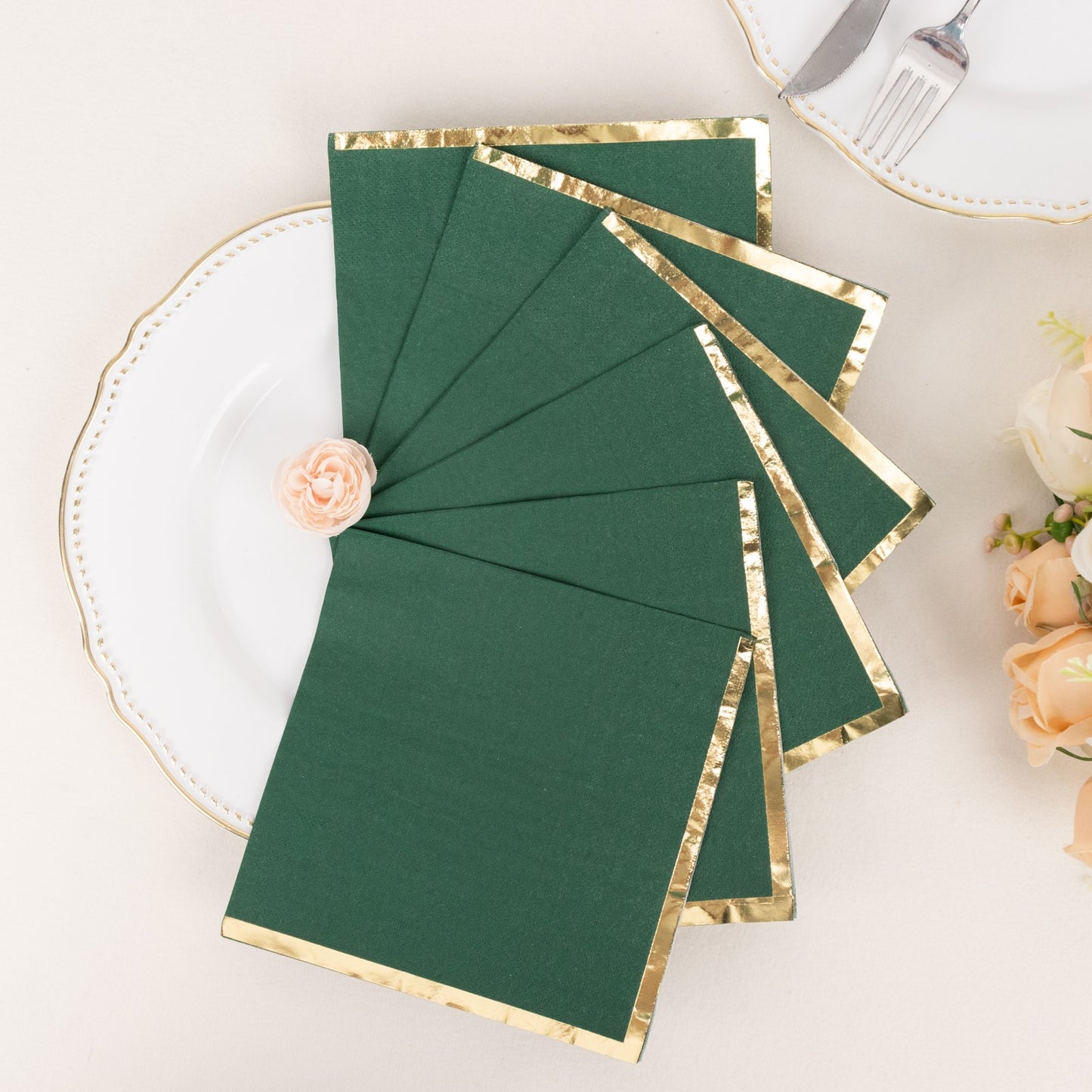 50 Pack Hunter Emerald Green Soft 2 Ply Disposable Cocktail Napkins with Gold Foil Edge, Paper Beverage Napkins - 6.5"x6.5"