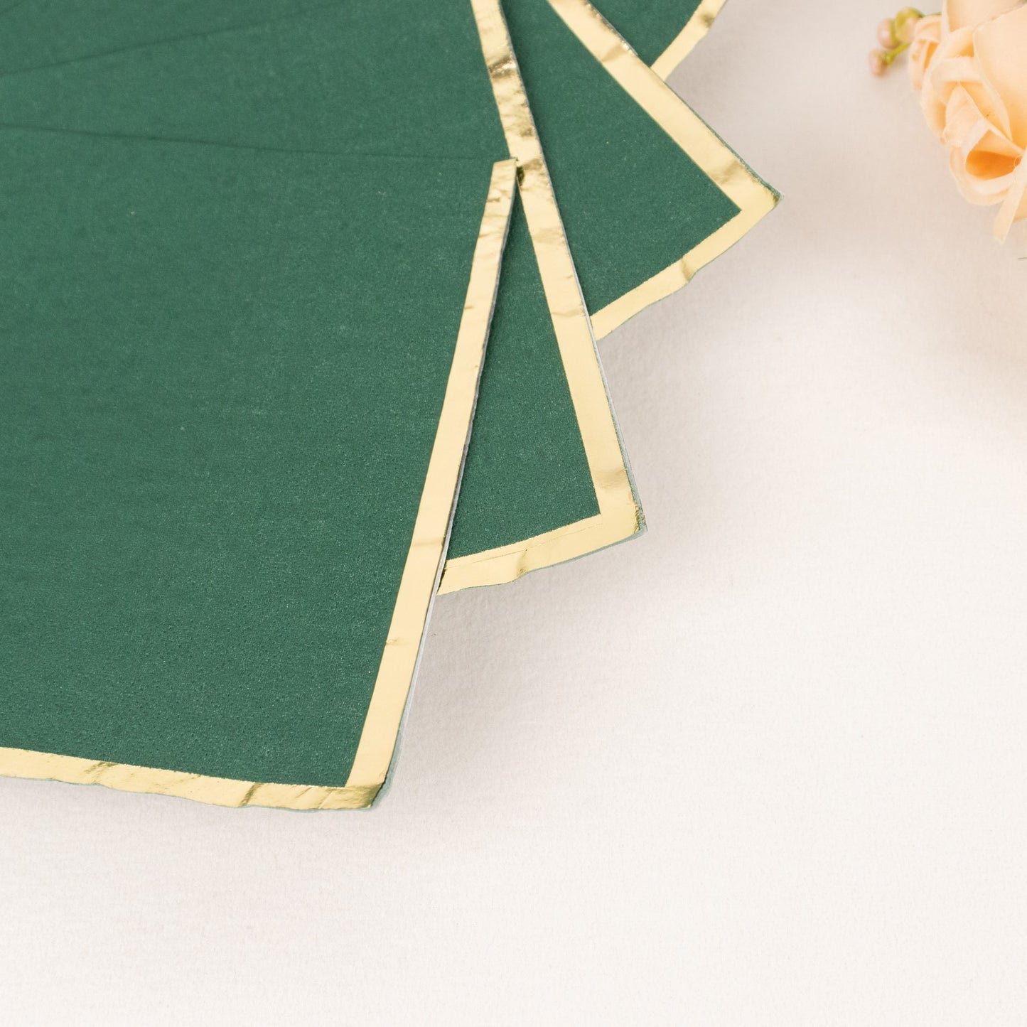 50 Pack Hunter Emerald Green Soft 2 Ply Disposable Cocktail Napkins with Gold Foil Edge, Paper Beverage Napkins - 6.5"x6.5"