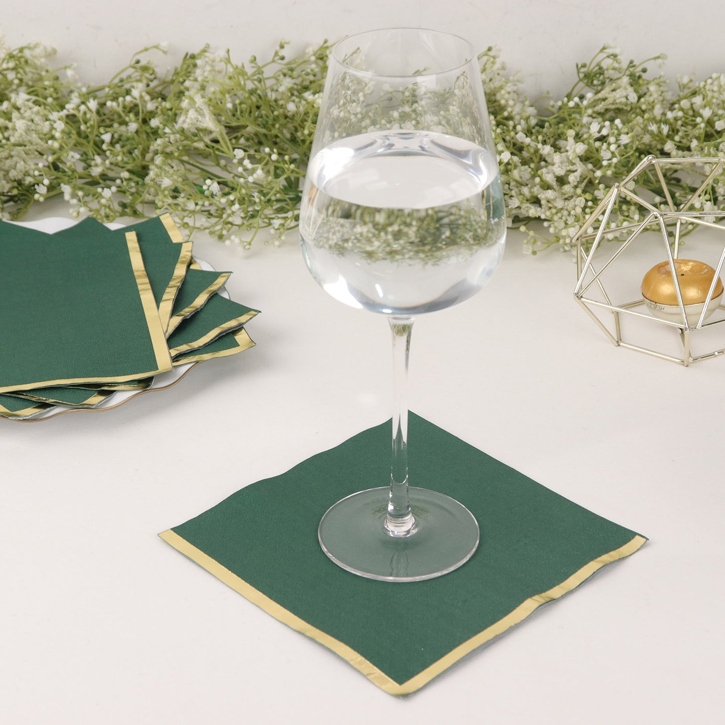 50 Pack Hunter Emerald Green Soft 2 Ply Disposable Cocktail Napkins with Gold Foil Edge, Paper Beverage Napkins - 6.5"x6.5"