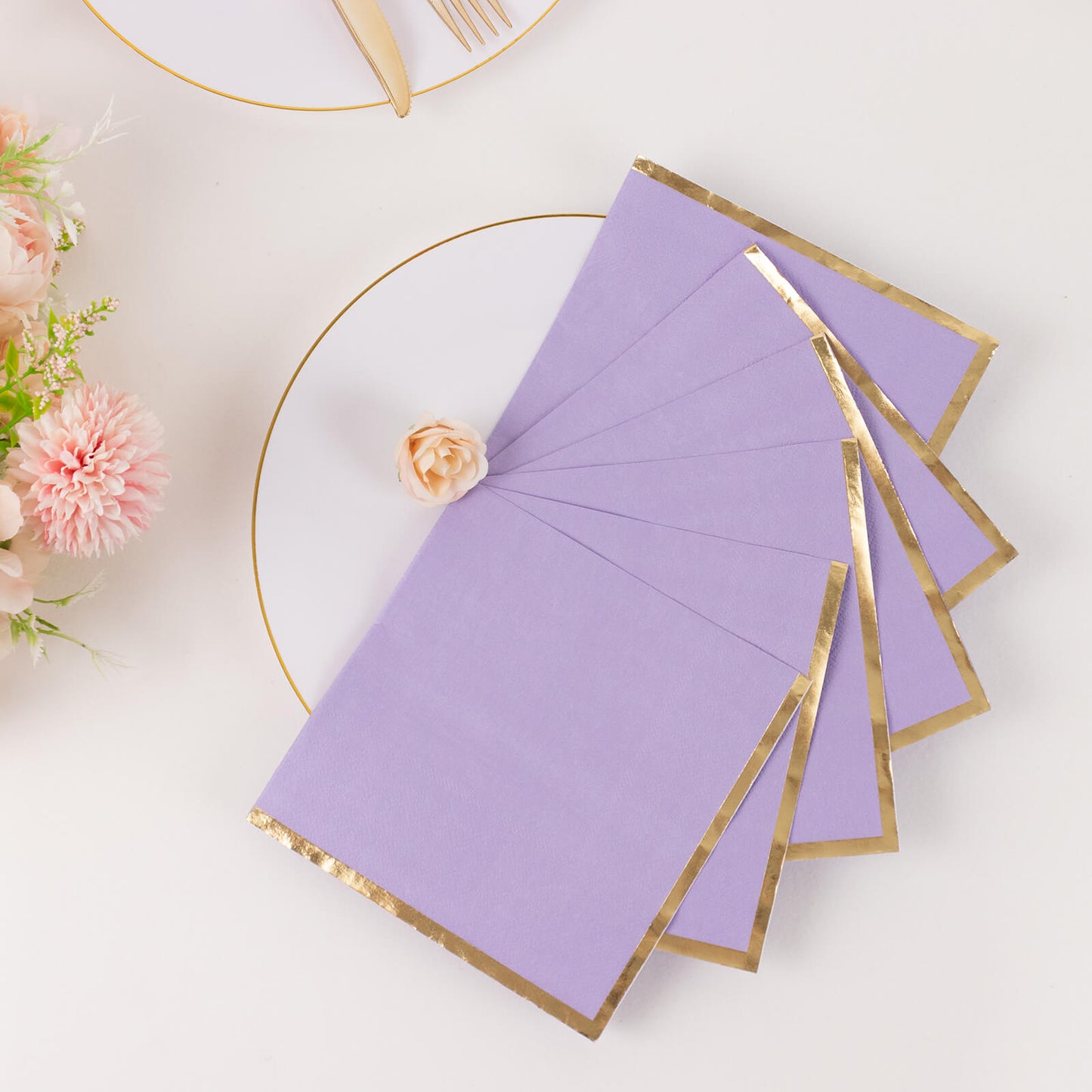 50 Pack Lavender Soft 2 Ply Disposable Cocktail Napkins with Gold Foil Edge, Paper Beverage Napkins - 6.5"x6.5"