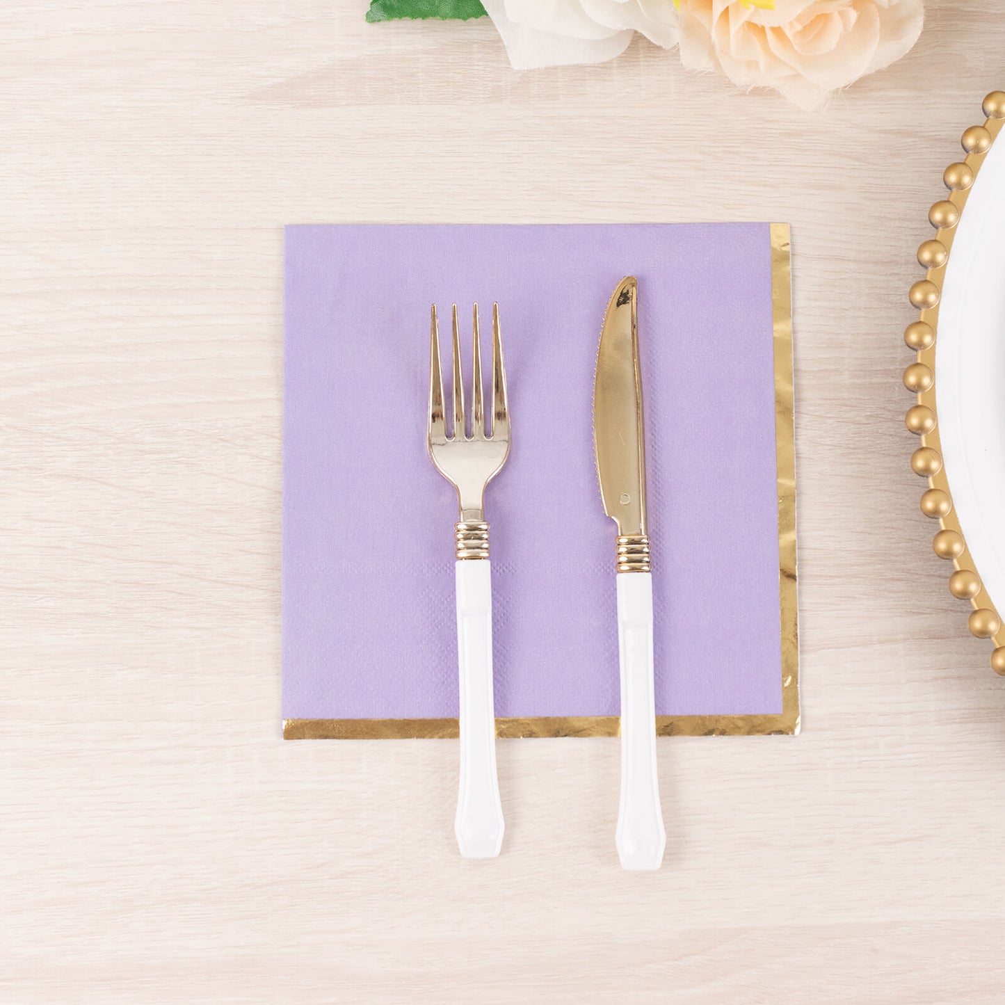 50 Pack Lavender Soft 2 Ply Disposable Cocktail Napkins with Gold Foil Edge, Paper Beverage Napkins - 6.5"x6.5"