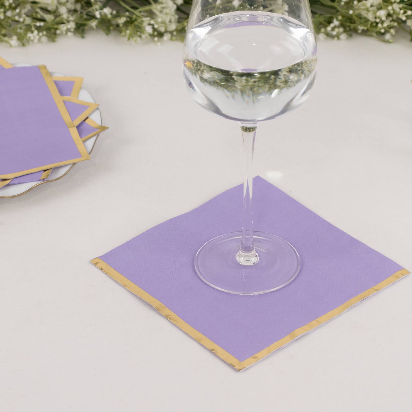 50 Pack Lavender Soft 2 Ply Disposable Cocktail Napkins with Gold Foil Edge, Paper Beverage Napkins - 6.5"x6.5"