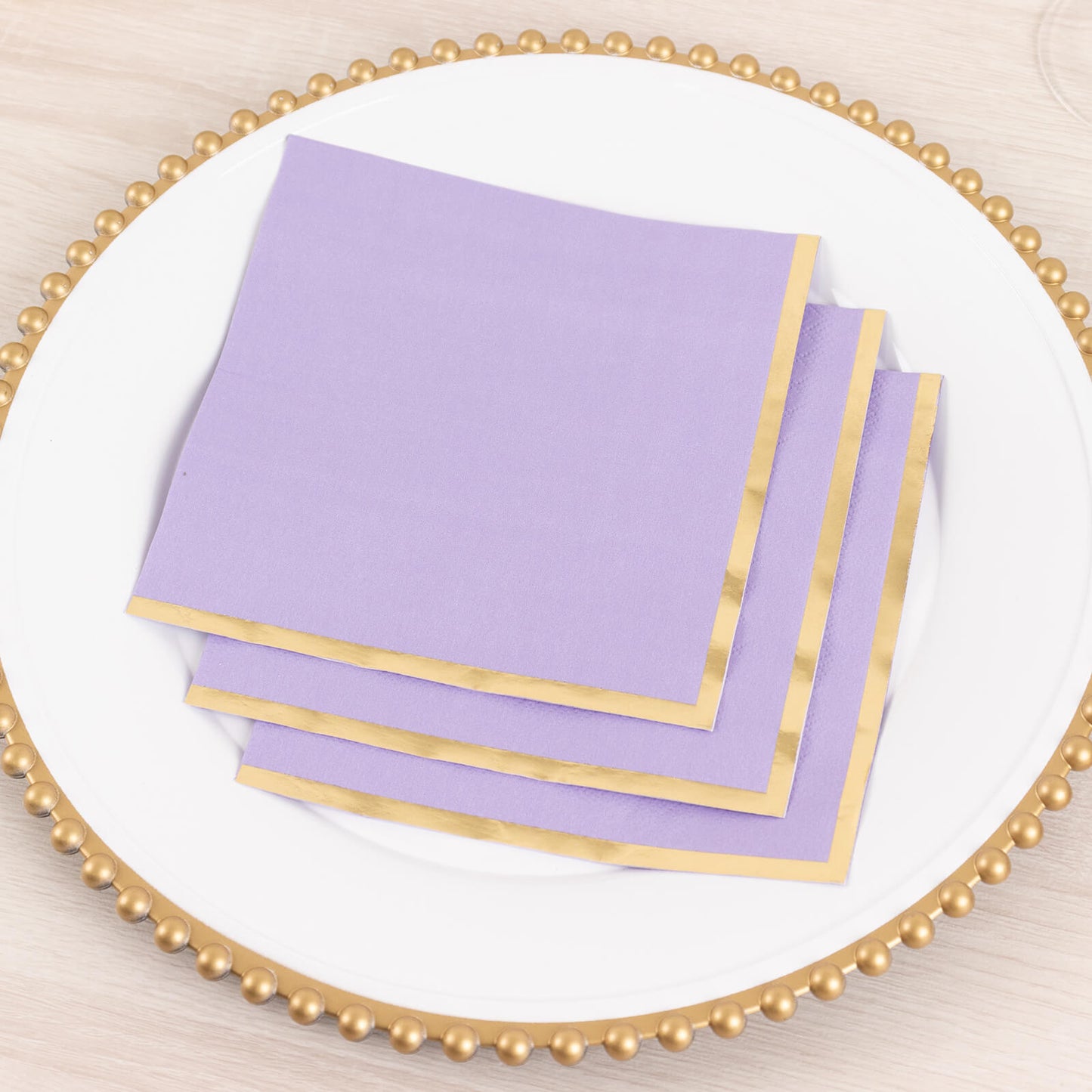 50 Pack Lavender Soft 2 Ply Disposable Cocktail Napkins with Gold Foil Edge, Paper Beverage Napkins - 6.5"x6.5"