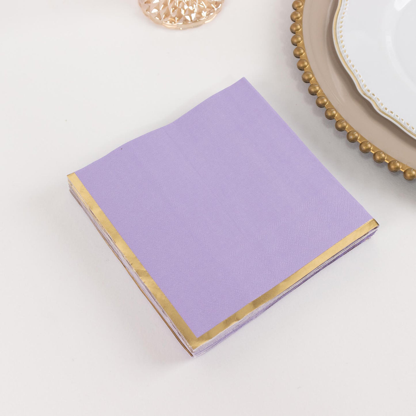 50 Pack Lavender Soft 2 Ply Disposable Cocktail Napkins with Gold Foil Edge, Paper Beverage Napkins - 6.5"x6.5"