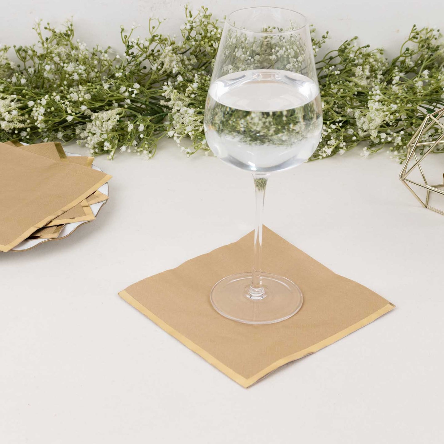 50 Pack Natural Soft 2 Ply Disposable Cocktail Napkins with Gold Foil Edge, Paper Beverage Napkins - 6.5"x6.5"