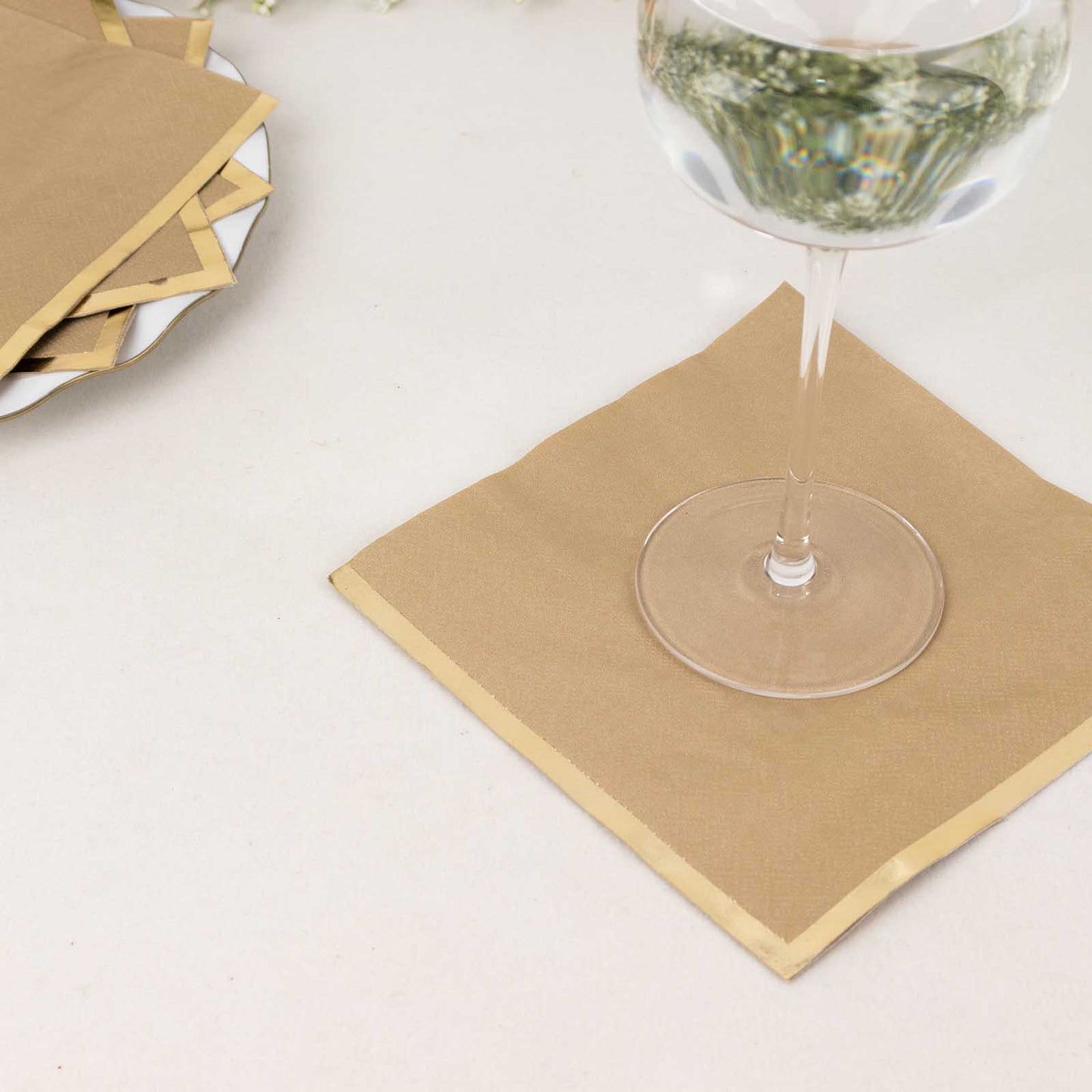 50 Pack Natural Soft 2 Ply Disposable Cocktail Napkins with Gold Foil Edge, Paper Beverage Napkins - 6.5"x6.5"