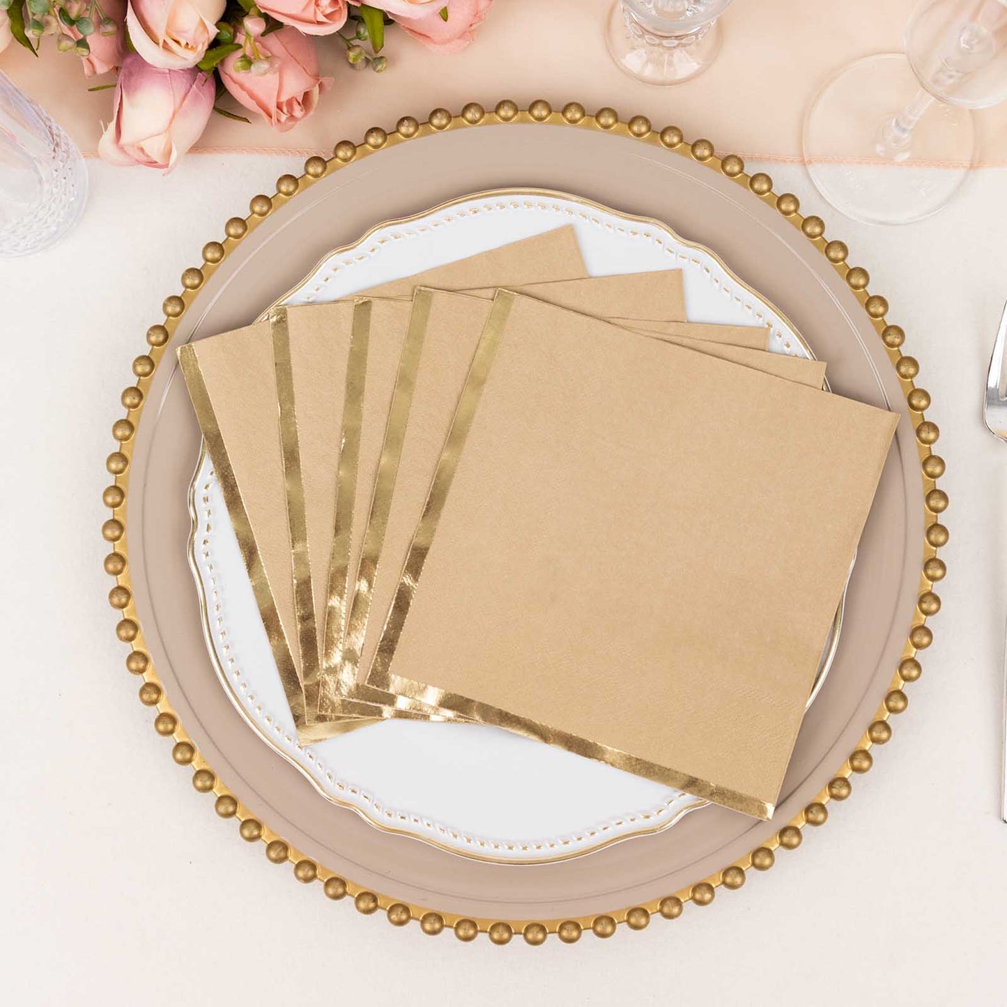 50 Pack Natural Soft 2 Ply Disposable Cocktail Napkins with Gold Foil Edge, Paper Beverage Napkins - 6.5"x6.5"