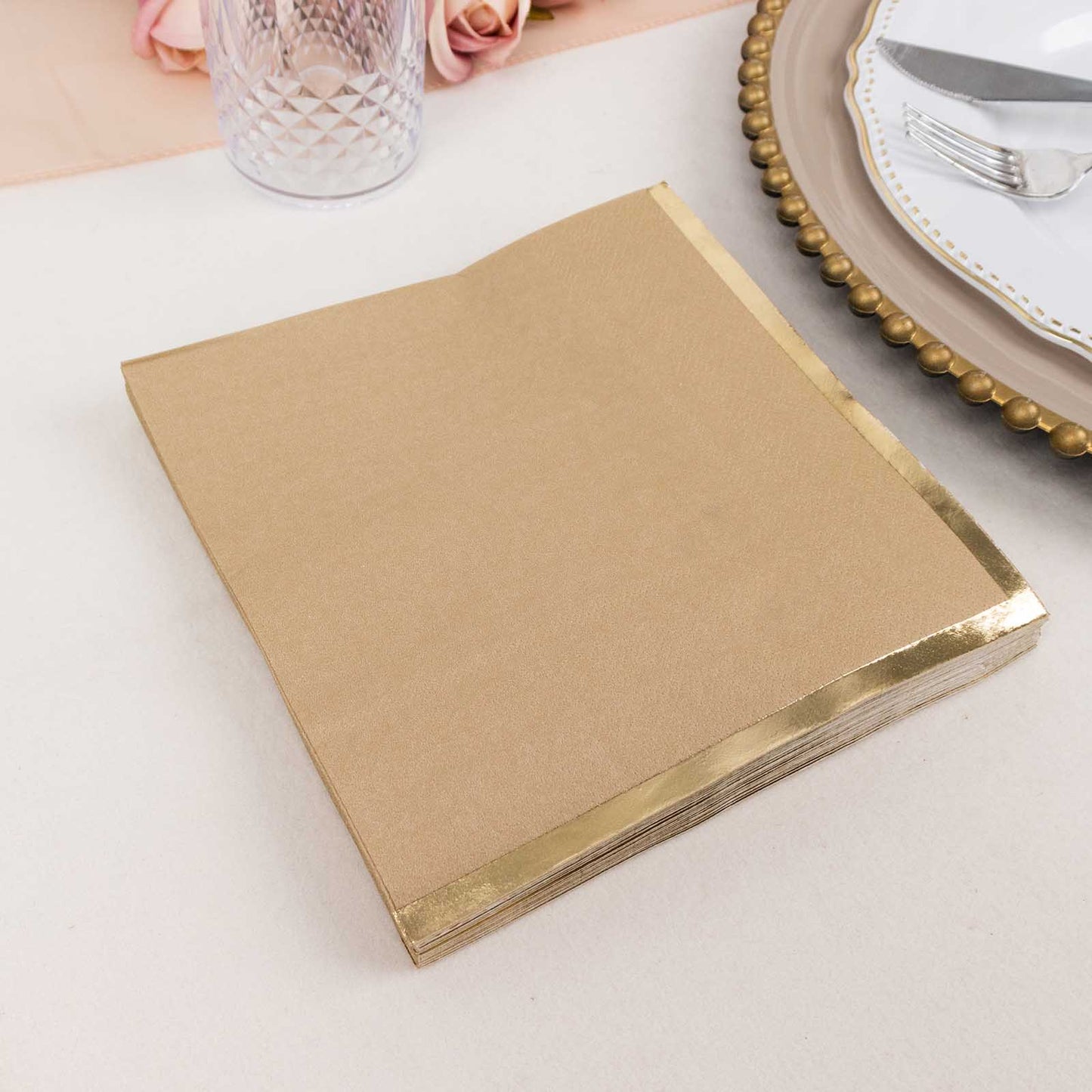 50 Pack Natural Soft 2 Ply Disposable Cocktail Napkins with Gold Foil Edge, Paper Beverage Napkins - 6.5"x6.5"