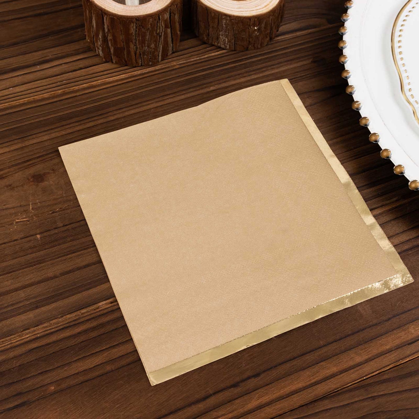 50 Pack Natural Soft 2 Ply Disposable Cocktail Napkins with Gold Foil Edge, Paper Beverage Napkins - 6.5"x6.5"