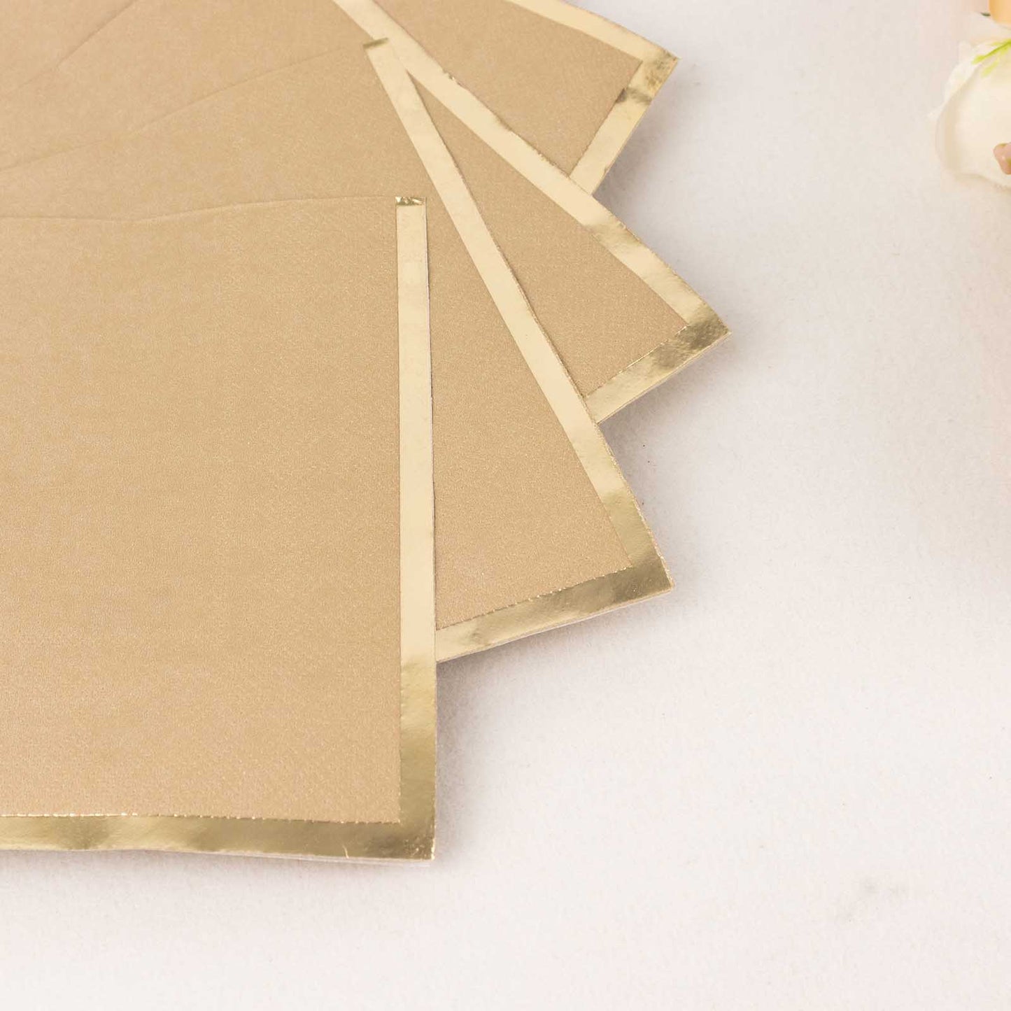 50 Pack Natural Soft 2 Ply Disposable Cocktail Napkins with Gold Foil Edge, Paper Beverage Napkins - 6.5"x6.5"