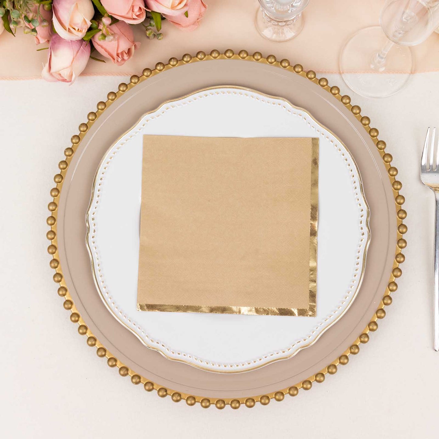 50 Pack Natural Soft 2 Ply Disposable Cocktail Napkins with Gold Foil Edge, Paper Beverage Napkins - 6.5"x6.5"